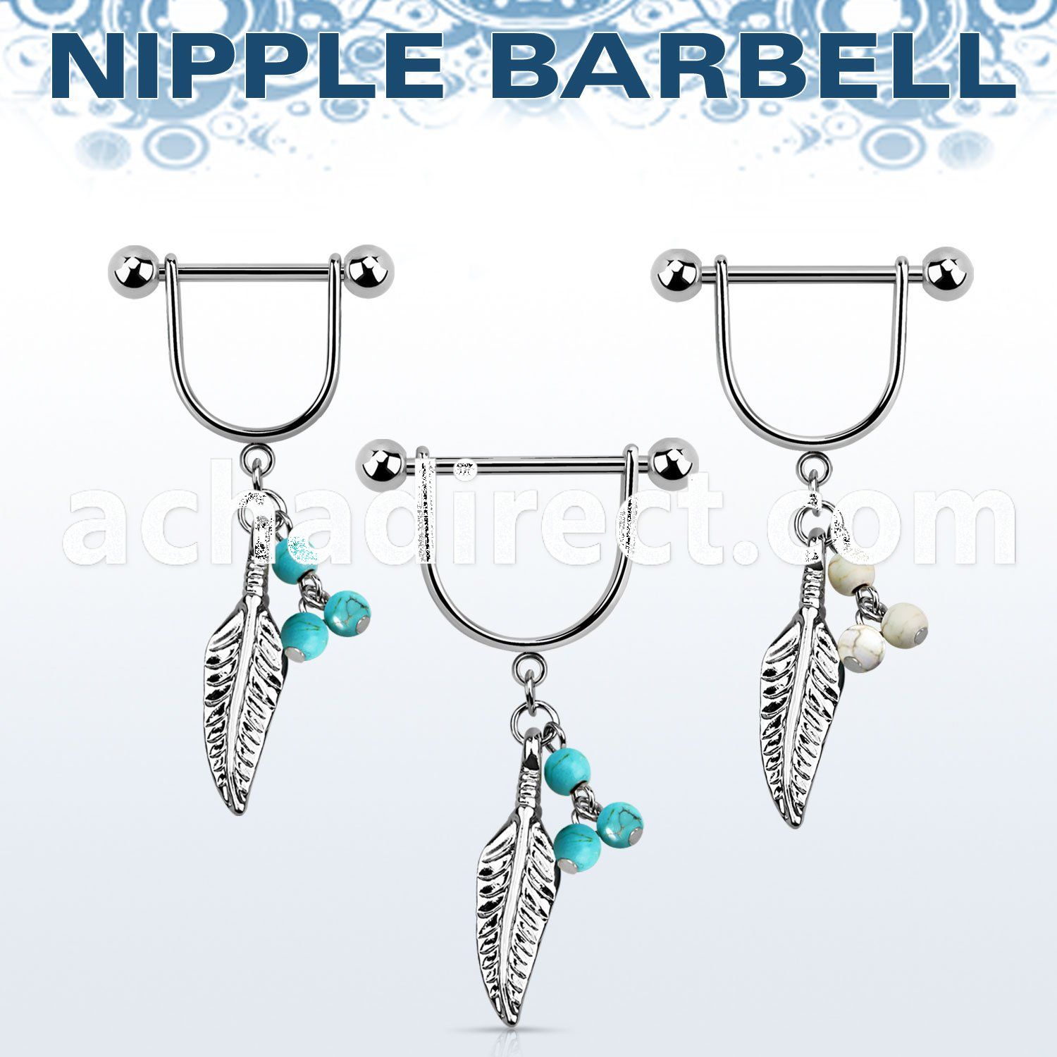 snpod12 316l steel nipple stirrup w feather w turquoise balls