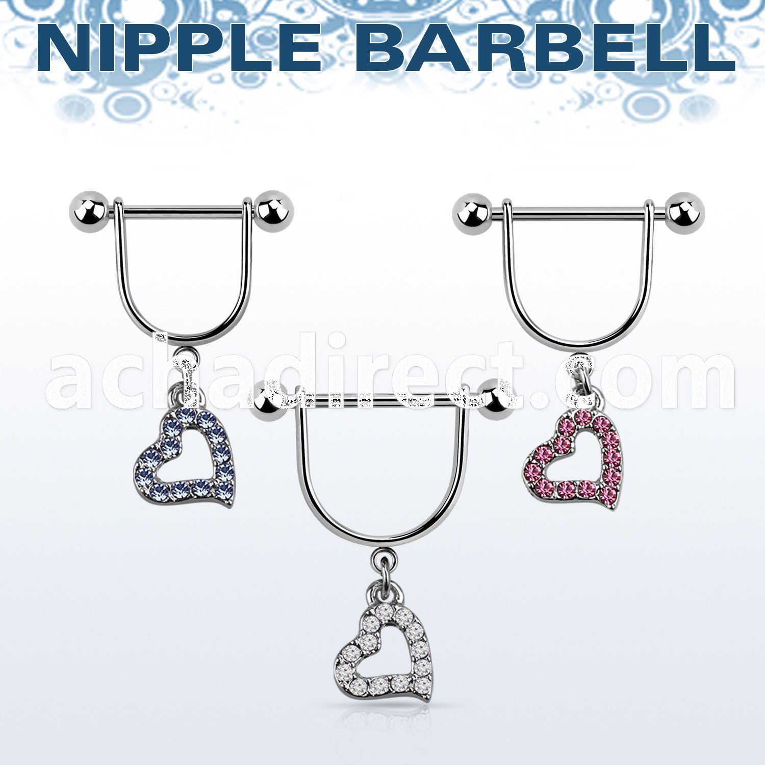 snpod16 316l steel nipple stirrup w crystal studded heart