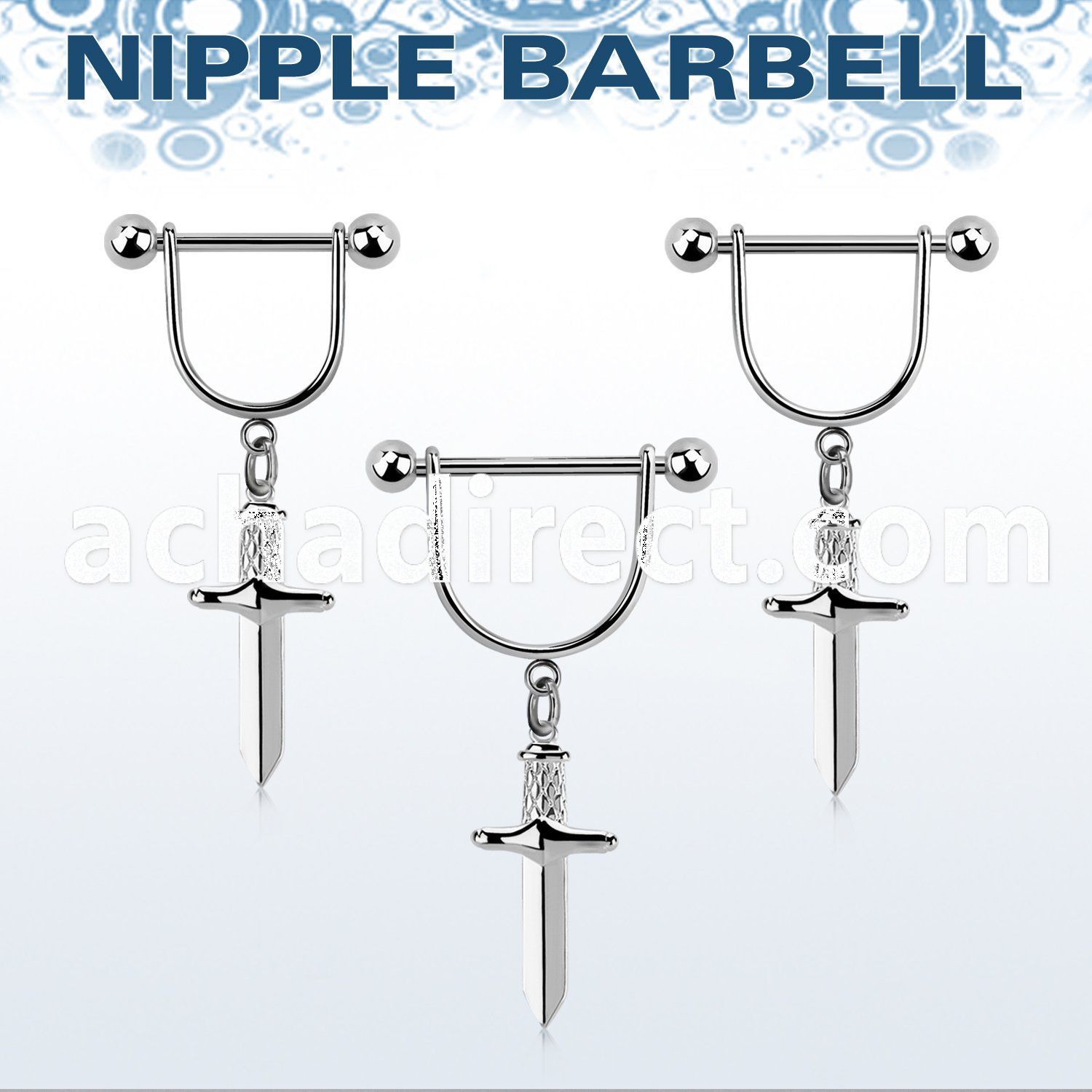 snpod26 steel nipple stirrup 14g  w 5mm balls & dangling dagger