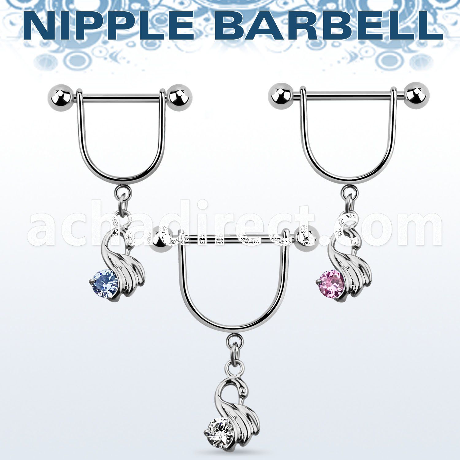 snpoz5 steel nipple stirrup w dangling swan with cz stone 