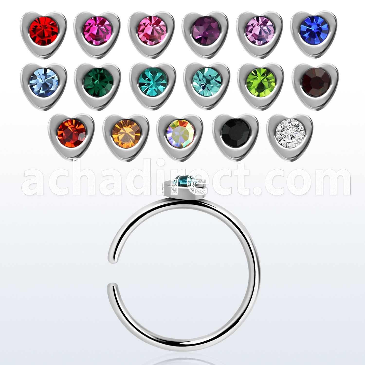 snr3 316l steel clip on nose ring w heart shaped crystal top