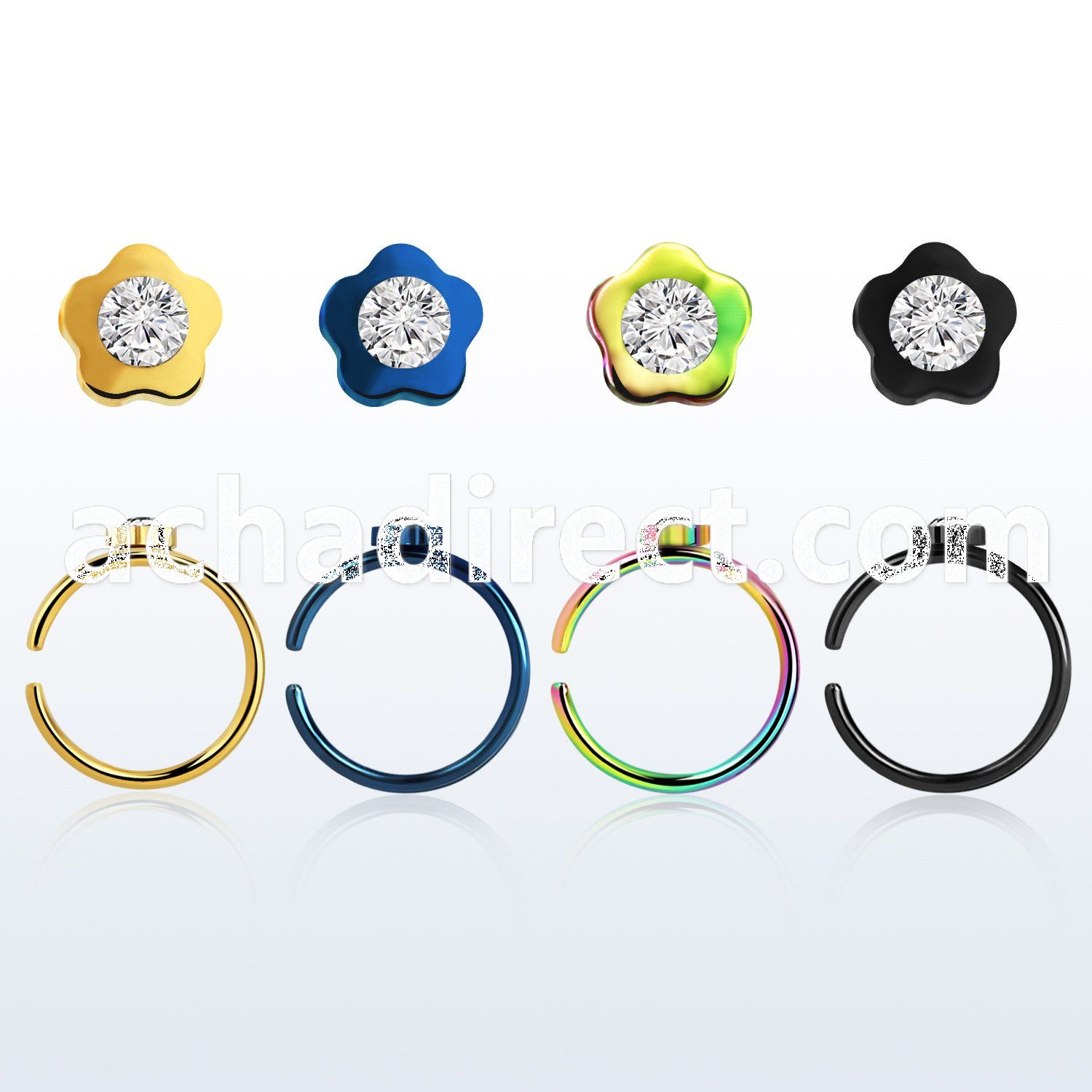 snrt1 anodized steel clip on nose ring w flower crystal top