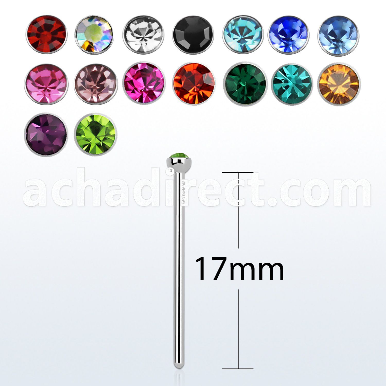 sns18 unbent steel nose stud, (1mm) w 2.5mm round crystal top