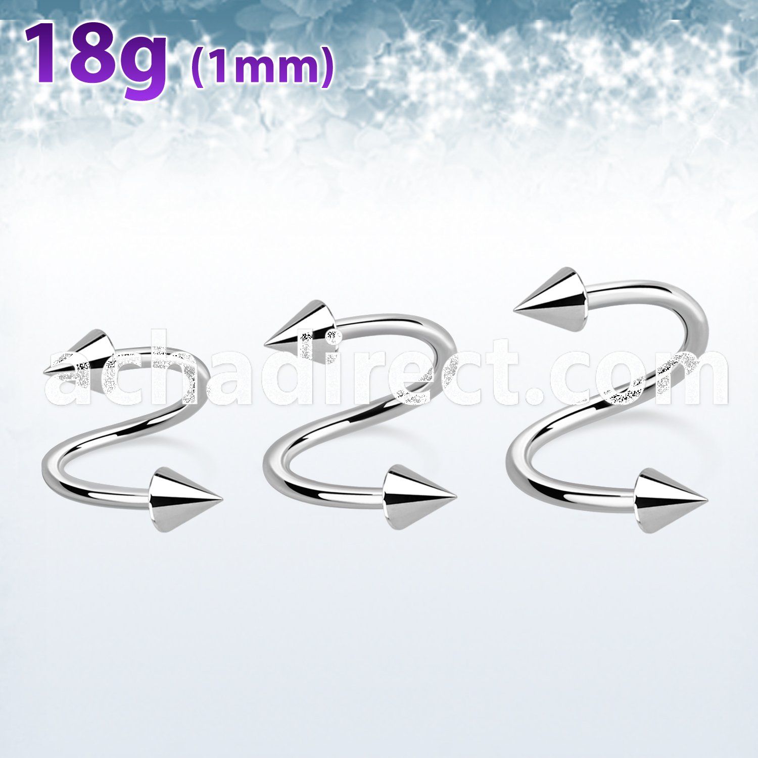 sp18cn3 316l steel spiral 18g 1mm w two 3mm cones
