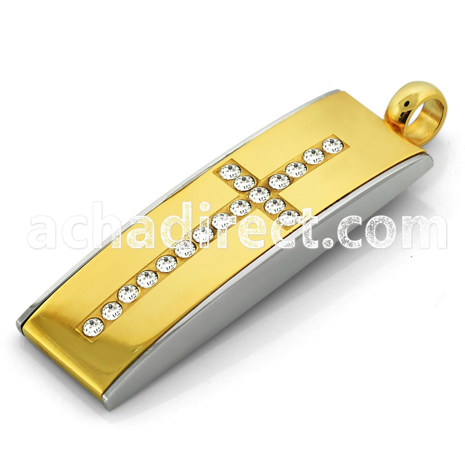 spd190 steel pendant with clear crystal studded cross on gold