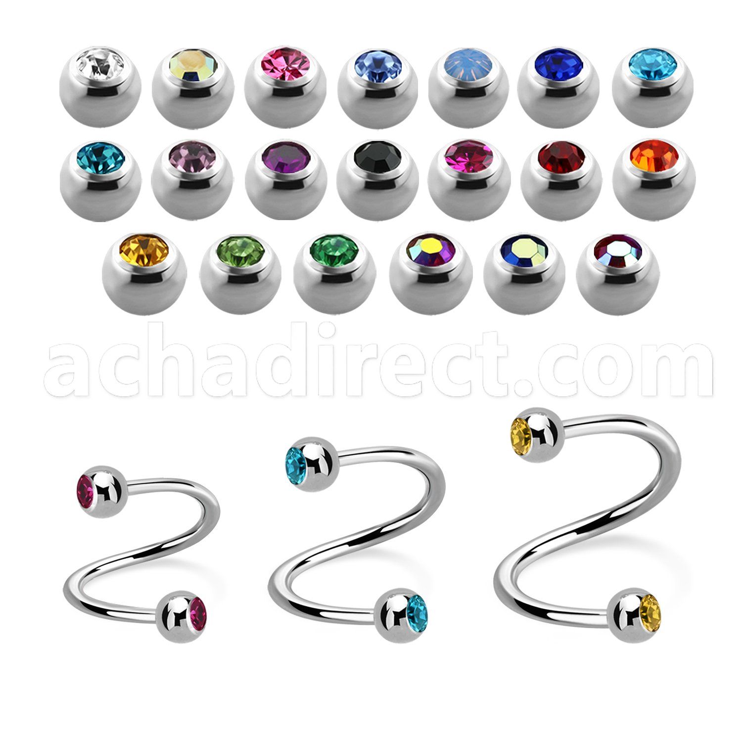 spe2c4 316l steel eyebrow spiral w two 4mm bezel set jewel ball