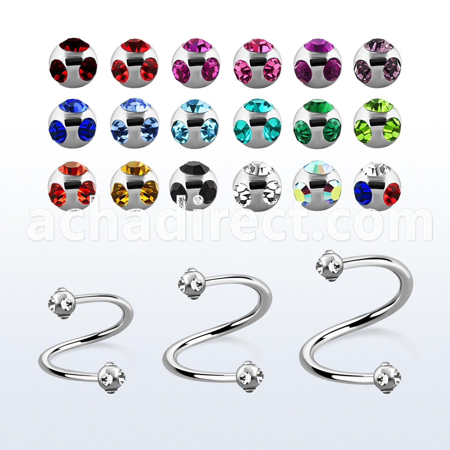 spec3 316l steel eyebrow spiral with two 3mm multi jewel balls