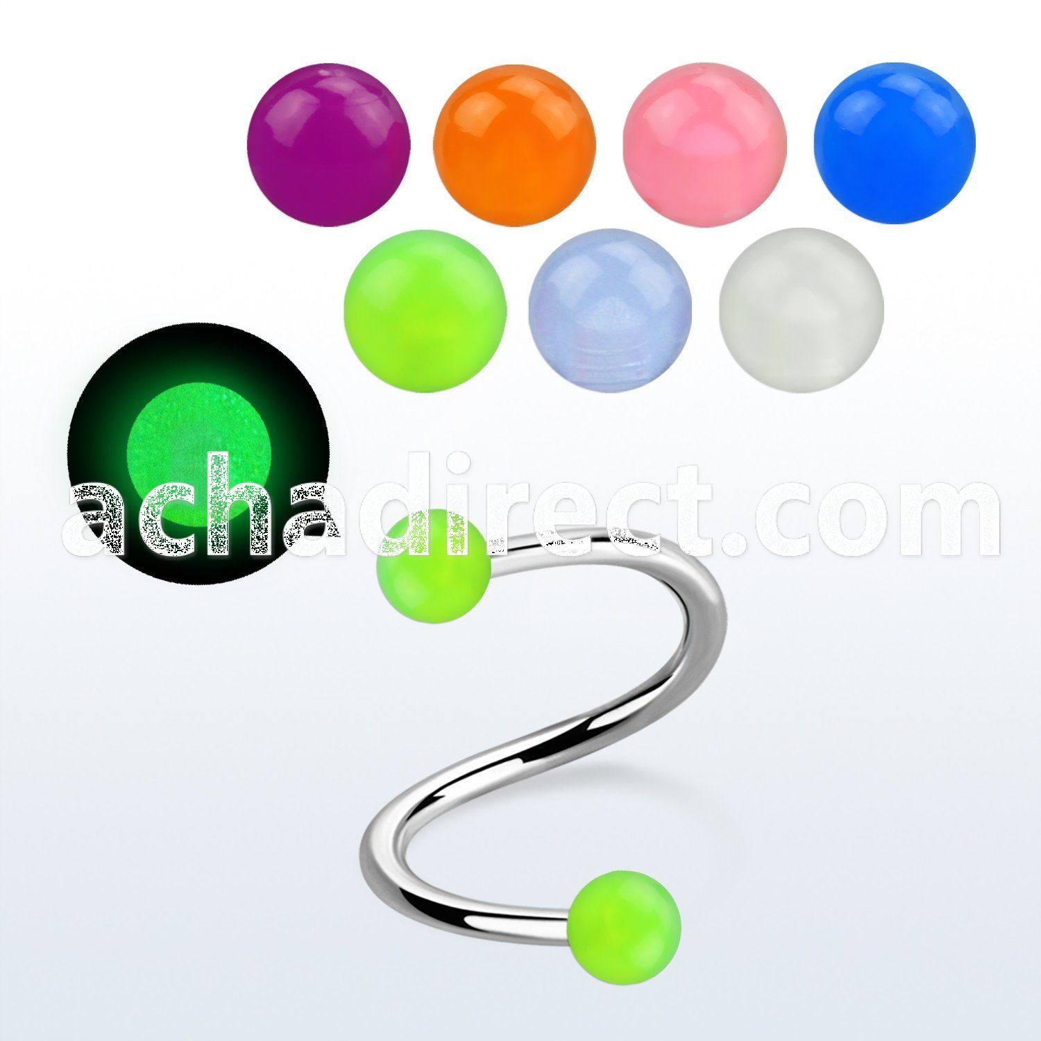 speglb 316l steel eyebrow spiral with 3mm acrylic glow balls