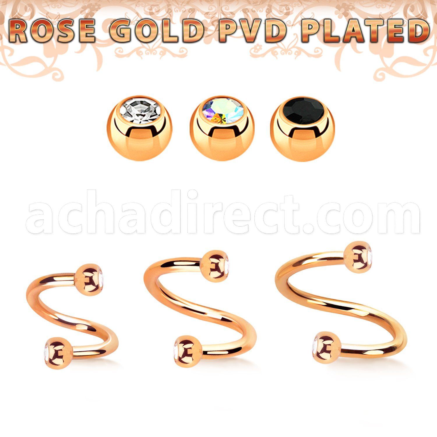 spett2c rose gold steel spiral w two 3mm jewel balls 