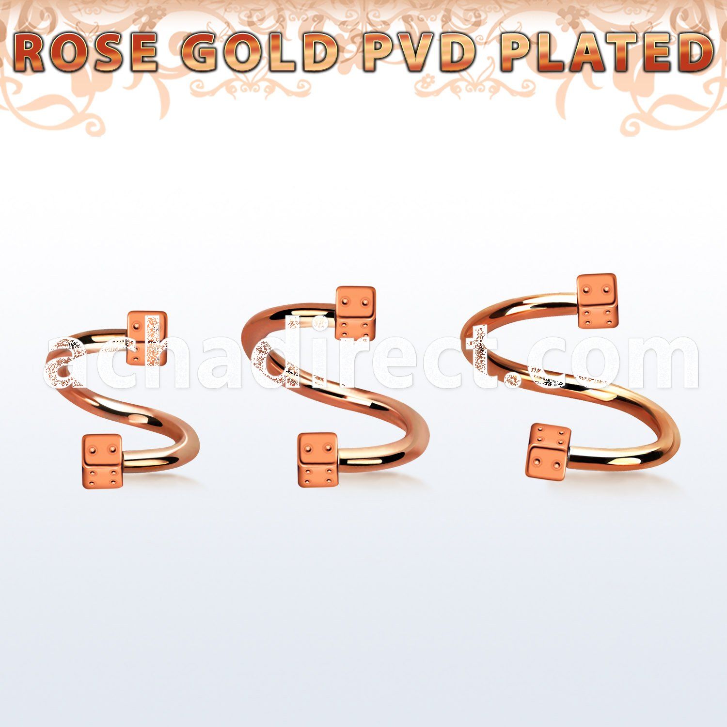 spettd25 rose gold steel eyebrow spiral w 2 2.5mm dices