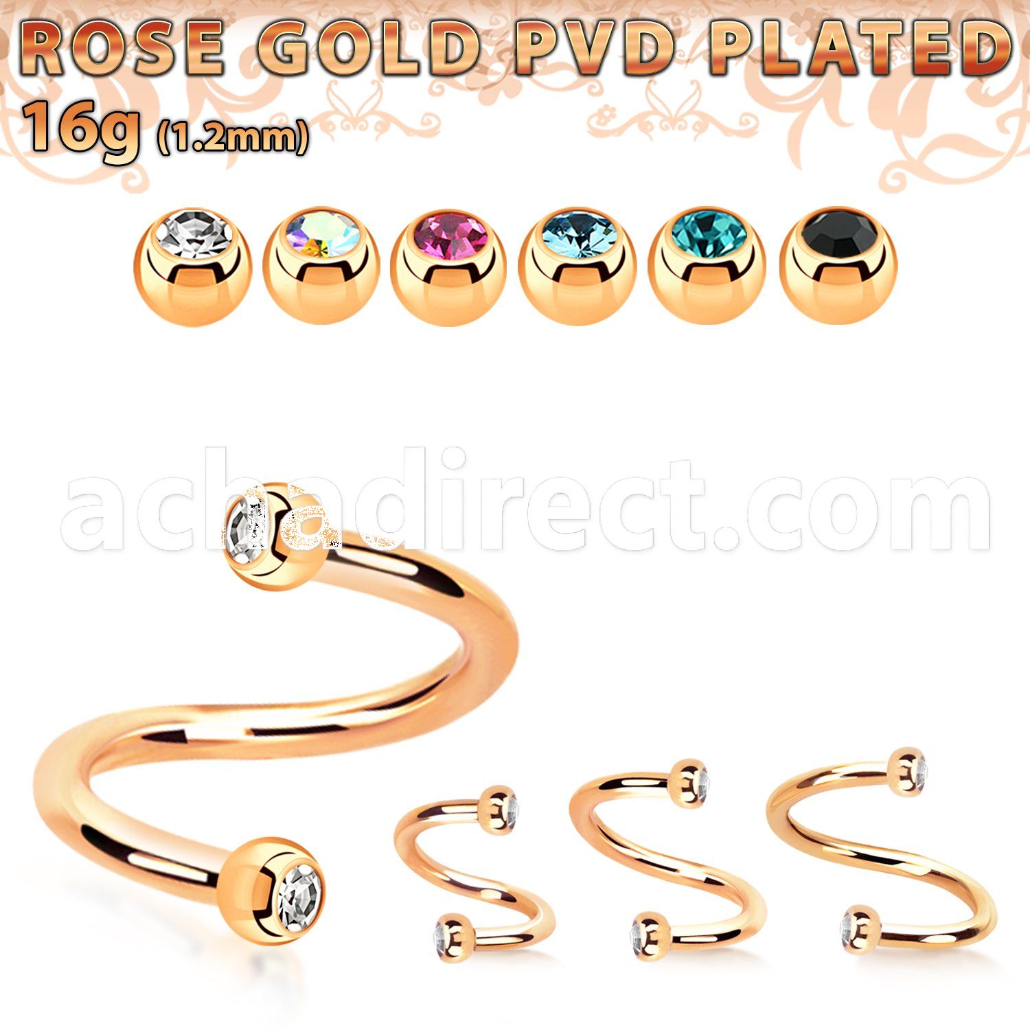 spttjb25 rose gold steel spiral w two tiny 2.5mm jewel balls