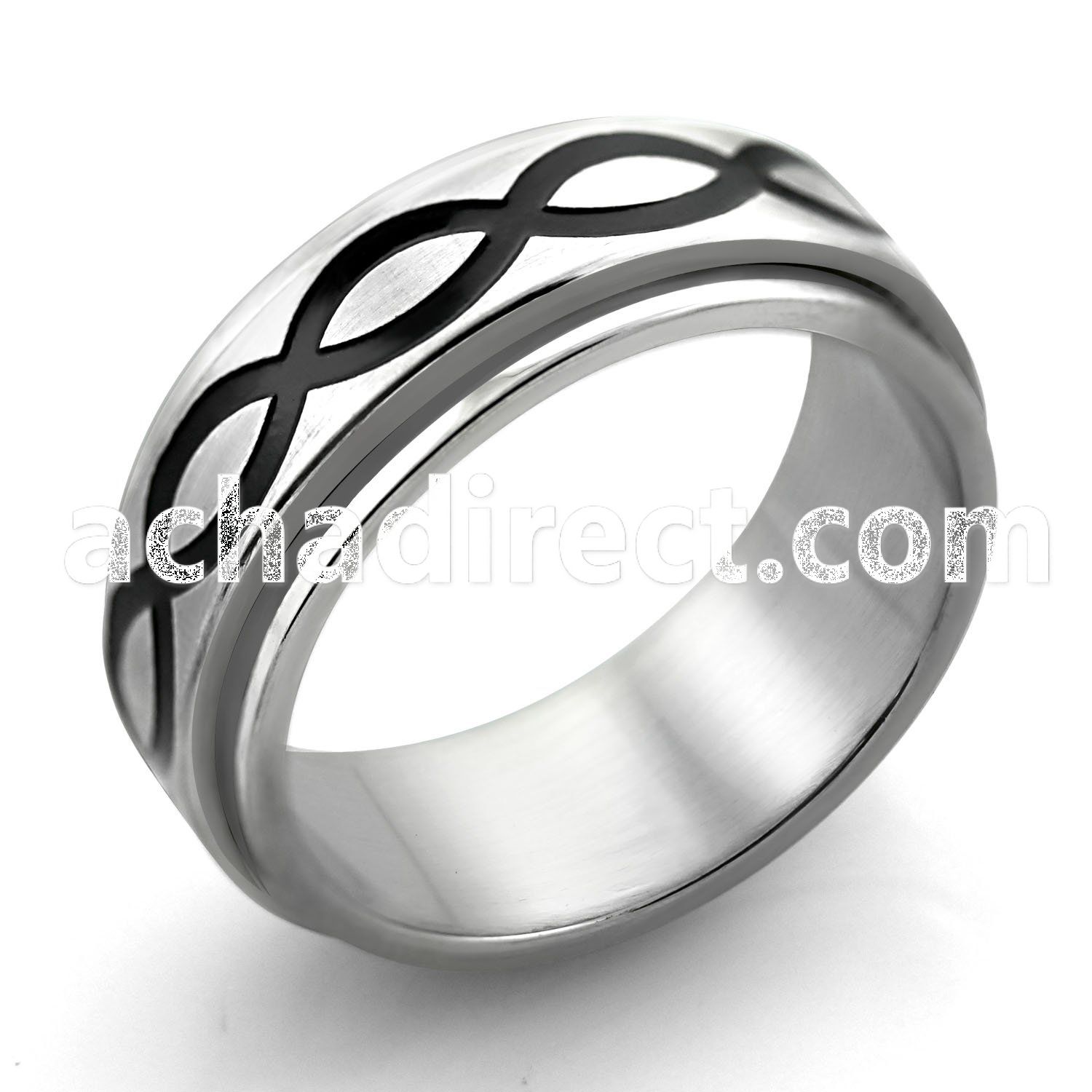 sr120 matte steel spinner ring with black infinite curves