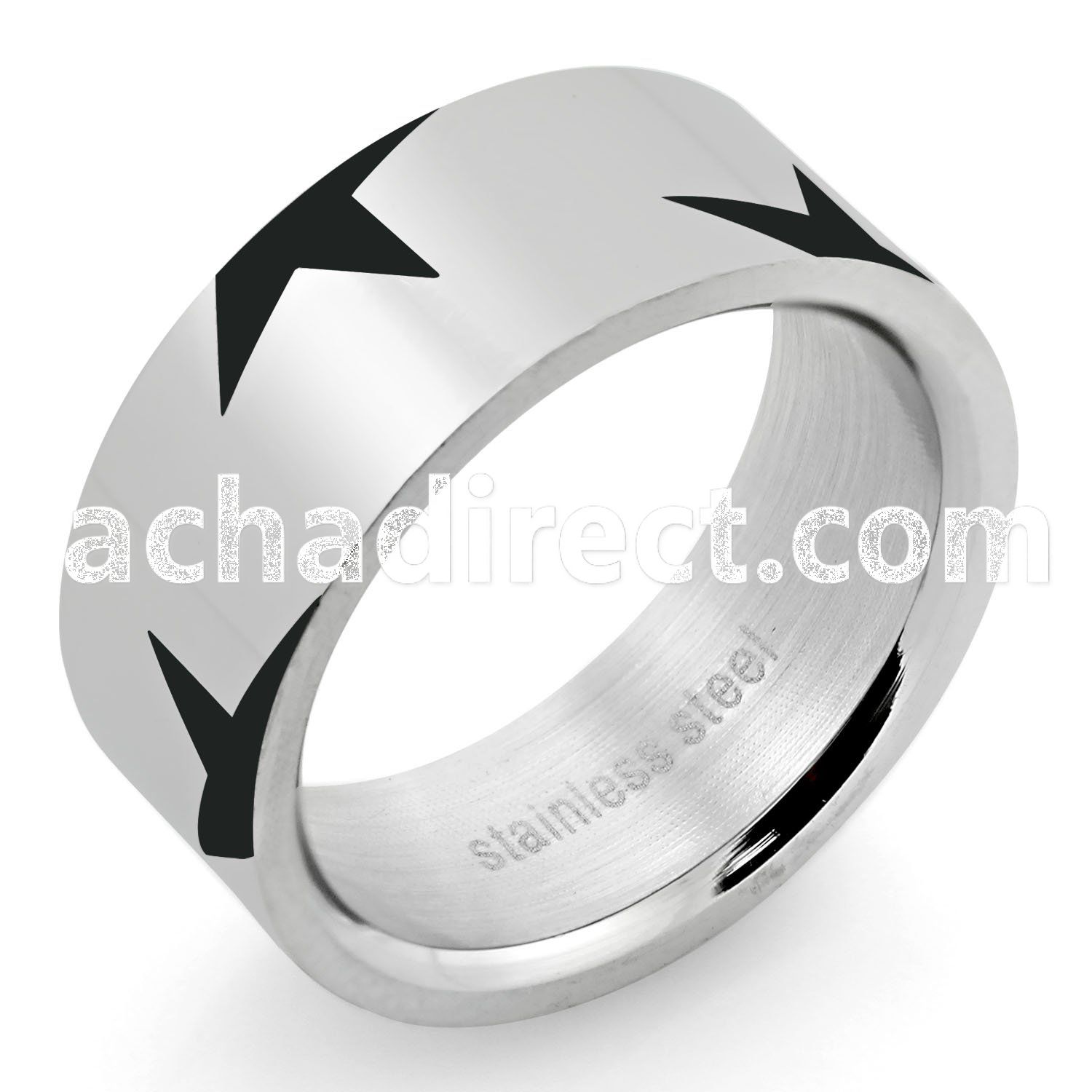 sr163 high polished steel etched ring with black stars design