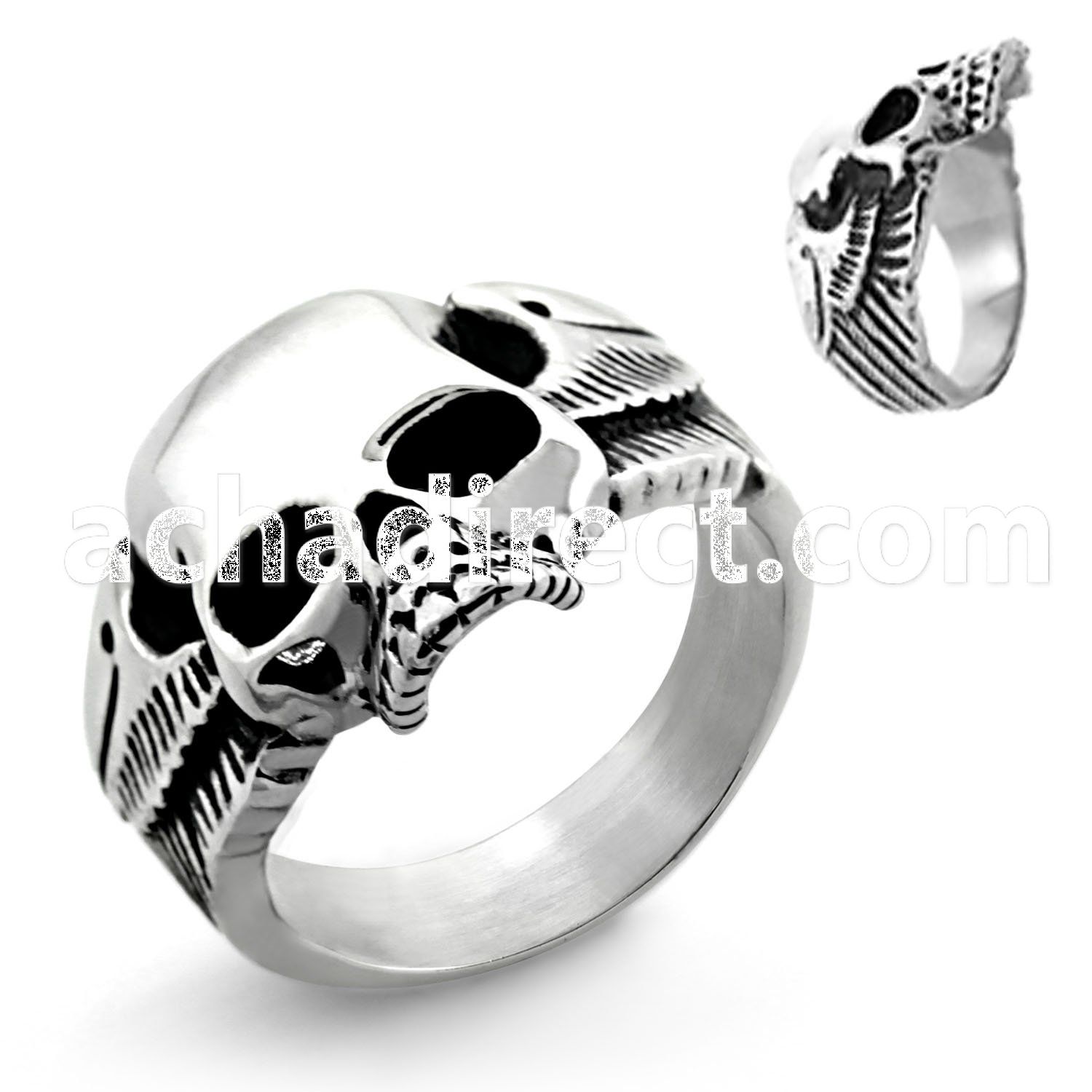sr173 high polished steel ring with skull and wings design