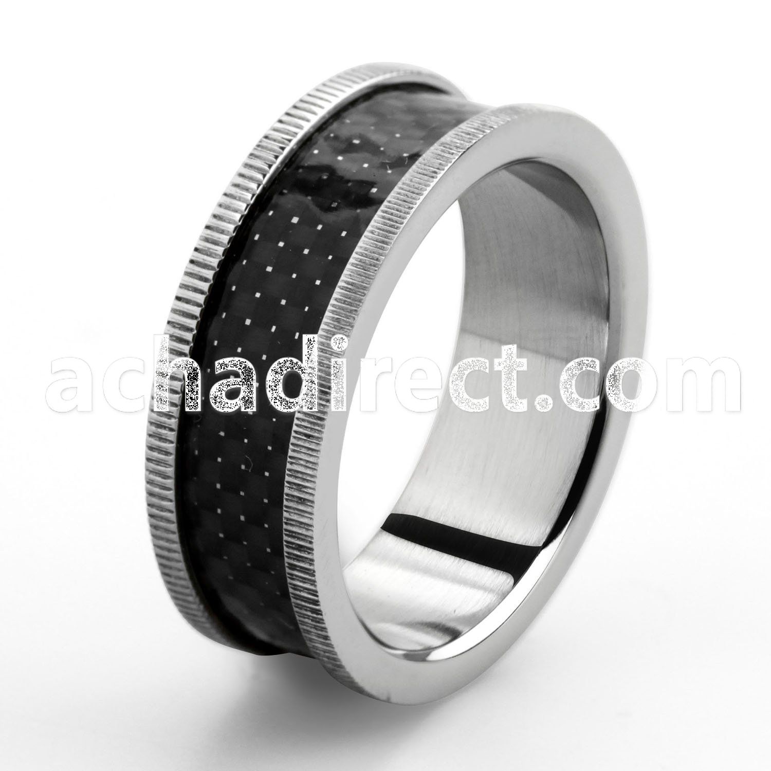 sr187 stainless steel ring with black inlay grooved edges