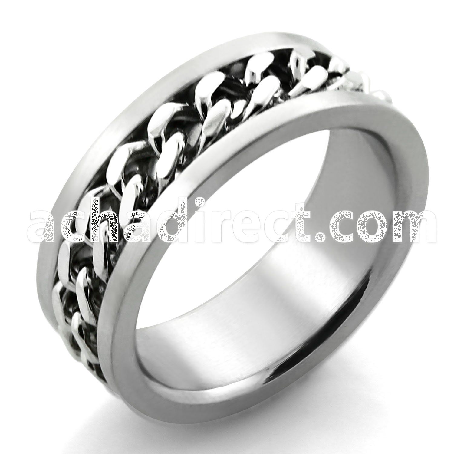sr246 matte stainless steel ring with embedded chain inlay
