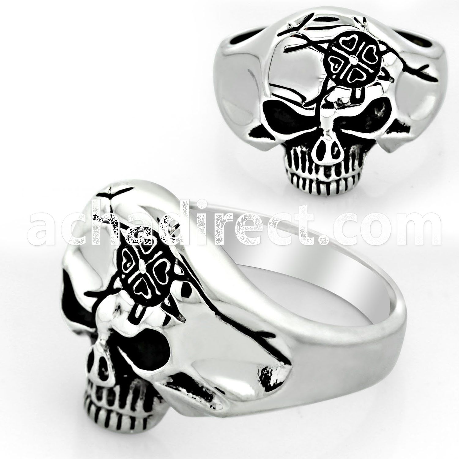 sr265 stainless steel ring with skull w head symbol design