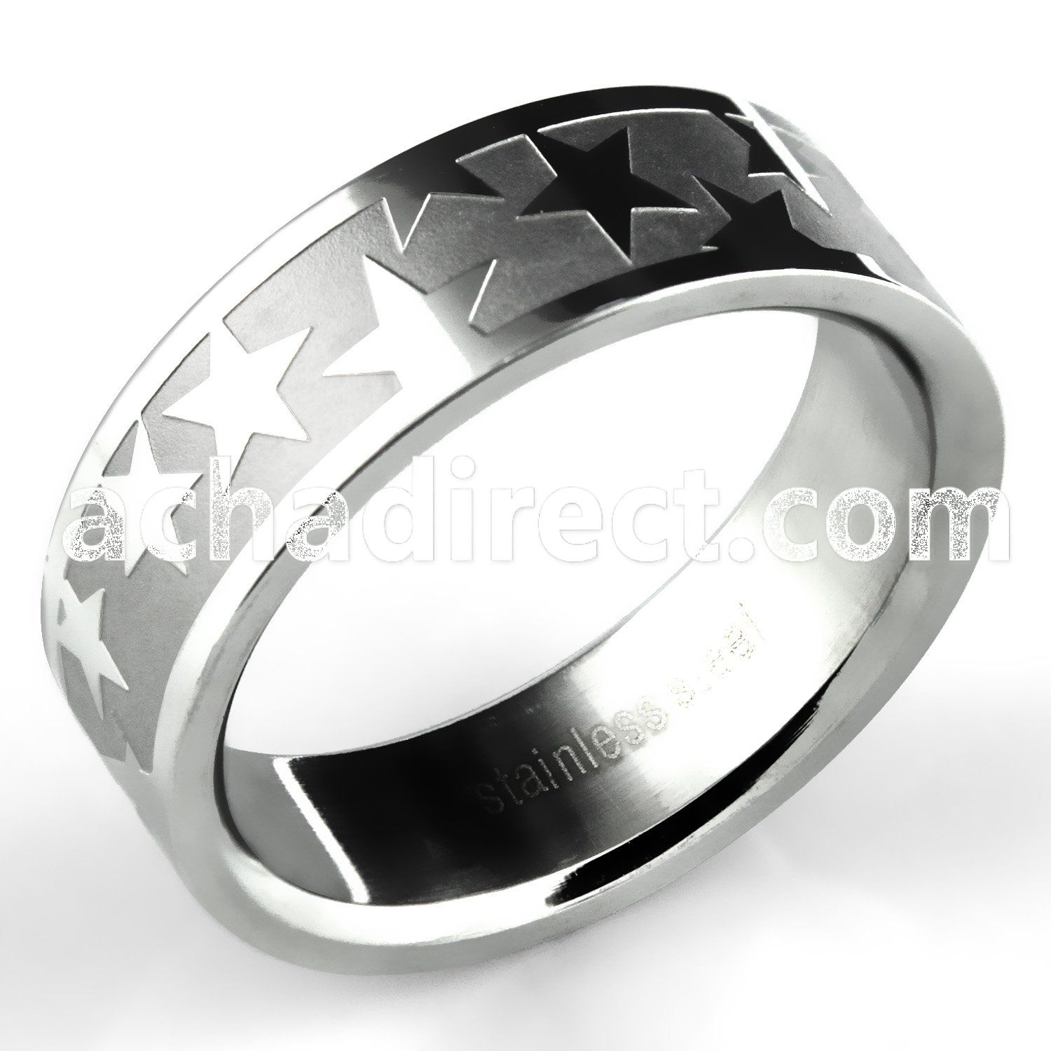 sr304 matte steel wedding band w high polished etched stars