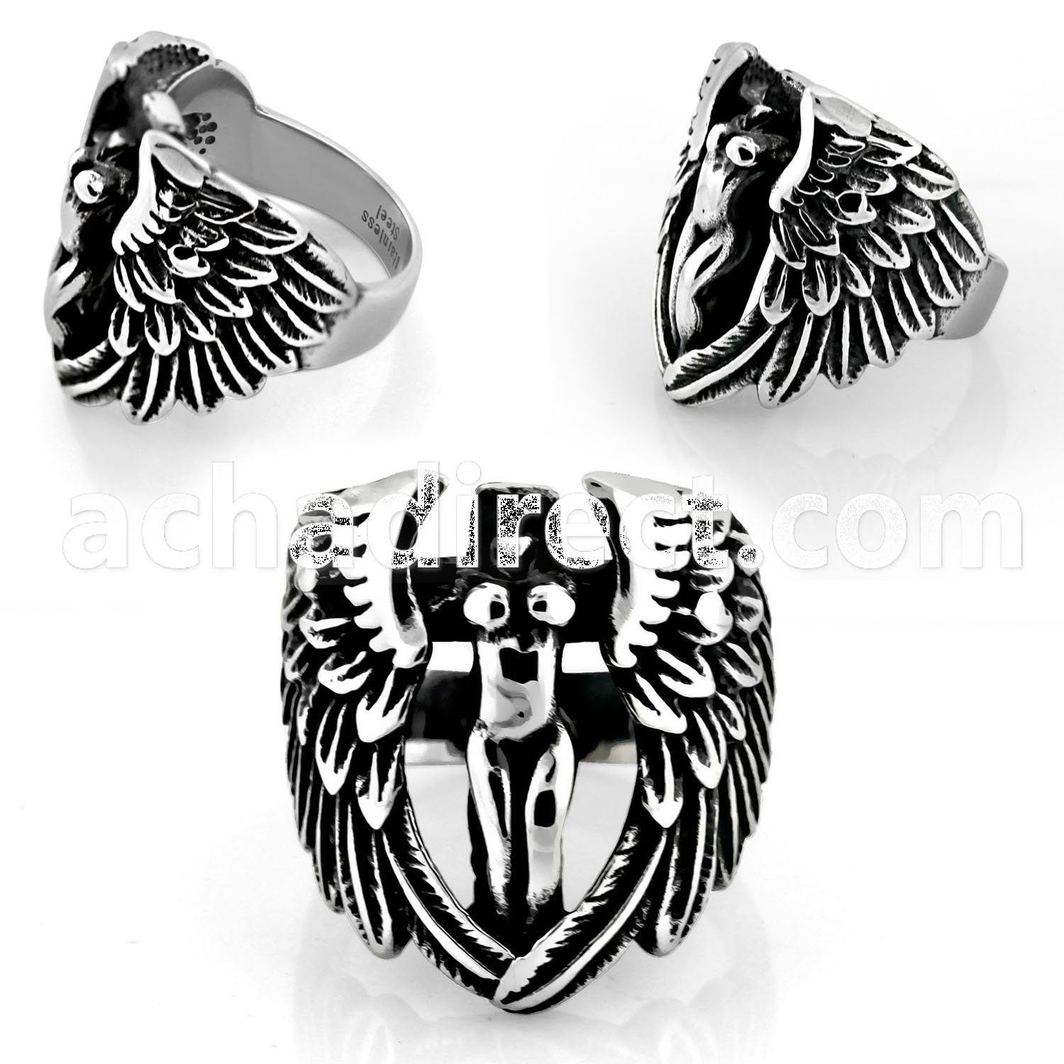 sr341 316l steel ring with naked beheaded virgin with wings
