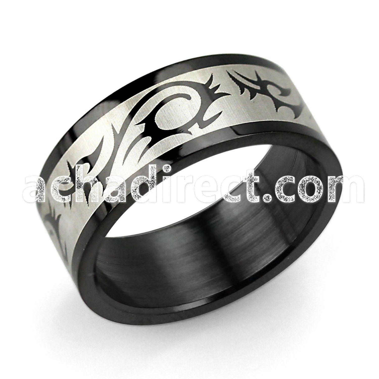 srb10 black stainless steel ring with matte tribal dragon