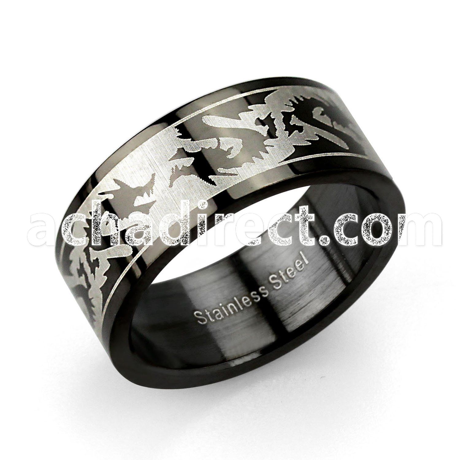 srb25 black stainless steel ring with dragon design