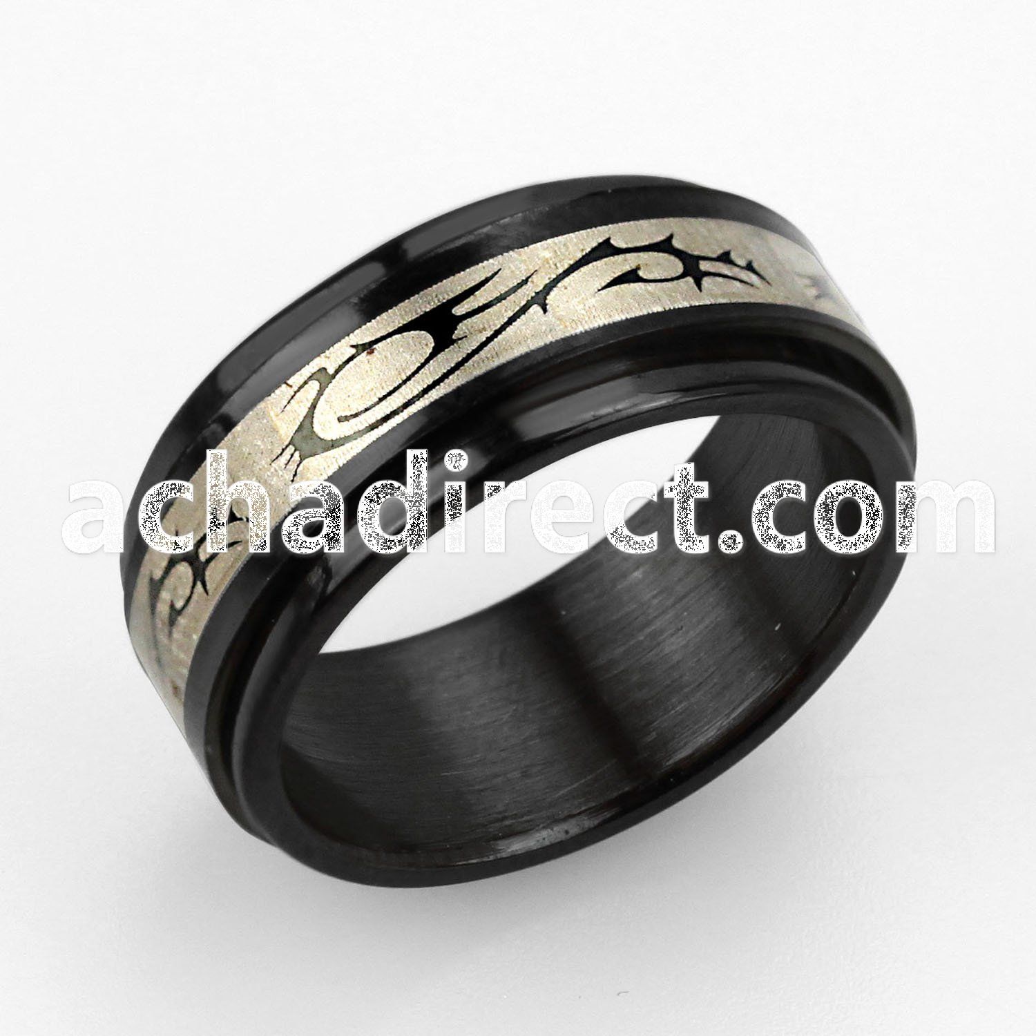 srb30 black stainless steel spinner ring with tribal dragon