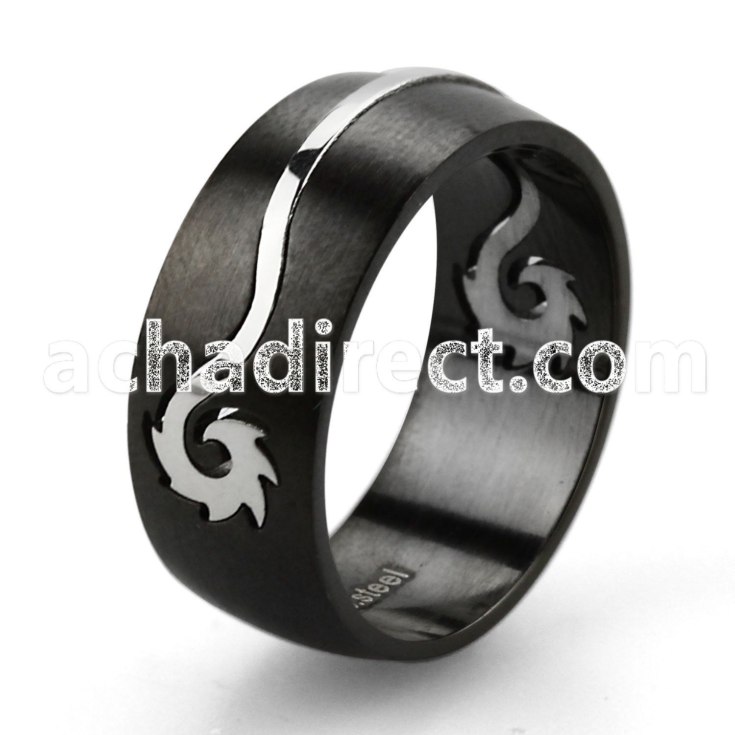 srb36 black stainless steel gridded ring with tribal spiral