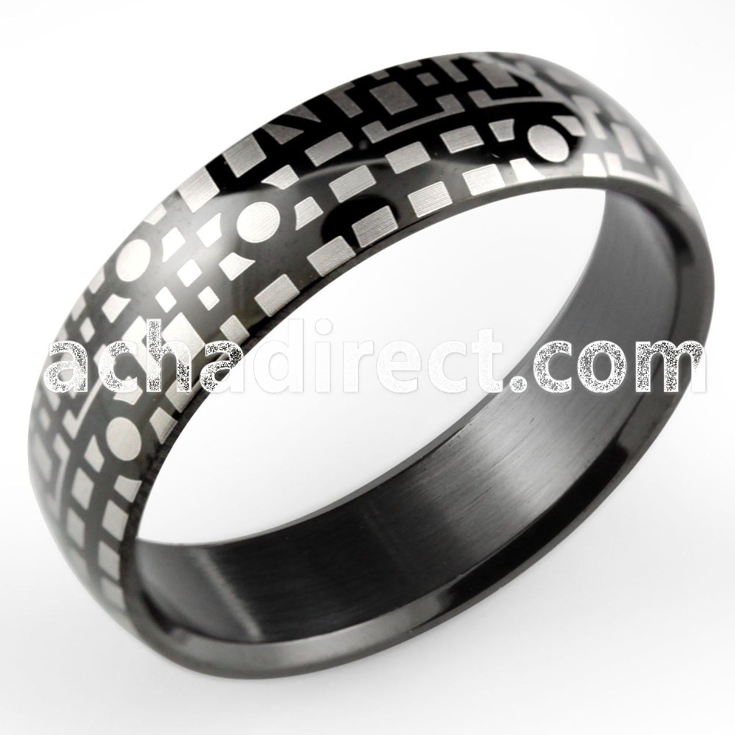 srb54 black anodized plated steel ring with geometric pattern