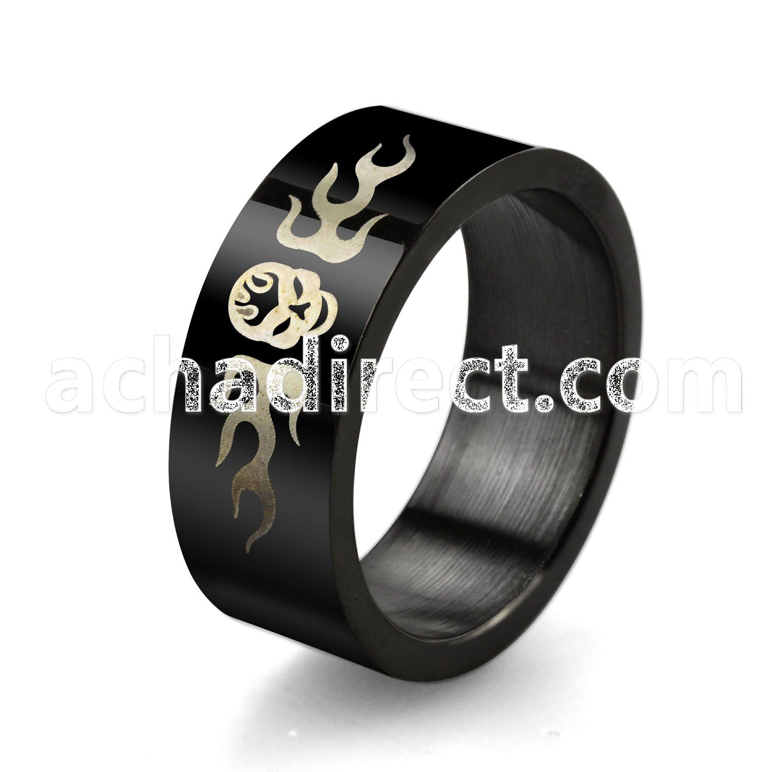 srb5 black stainless steel ring with skull and flames design