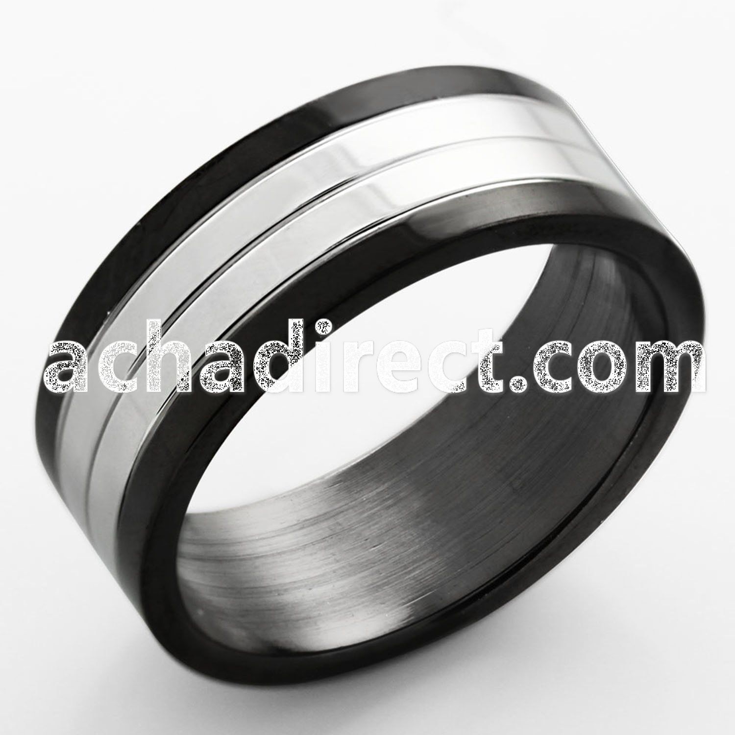 srb63 black stainless steel ring w lined high polished center