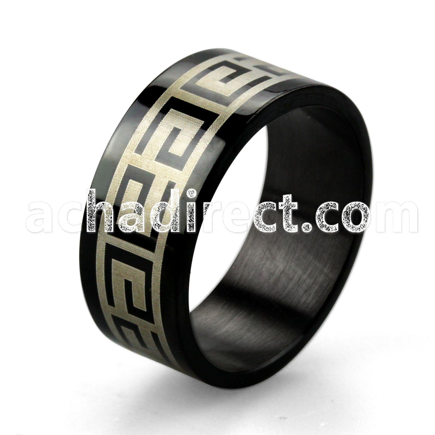 srb6 black anodized stainless steel ring w greek key design