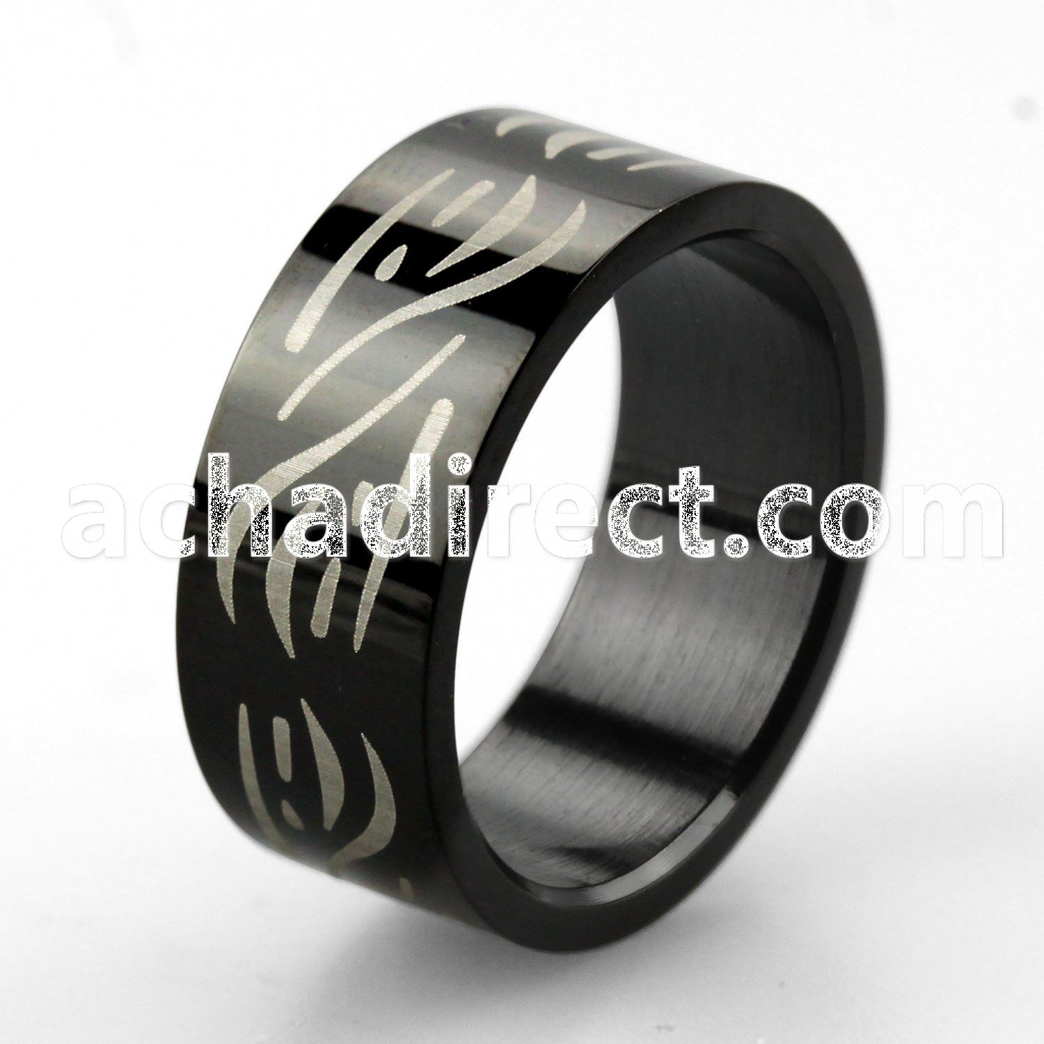 srb8 black stainless steel ring w laser etched tribal design