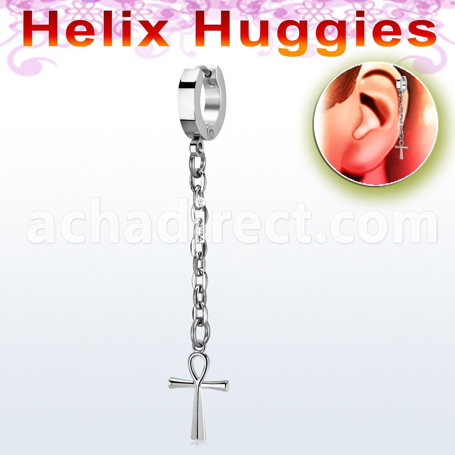 stainless steel helix huggie w dangling ankh cross