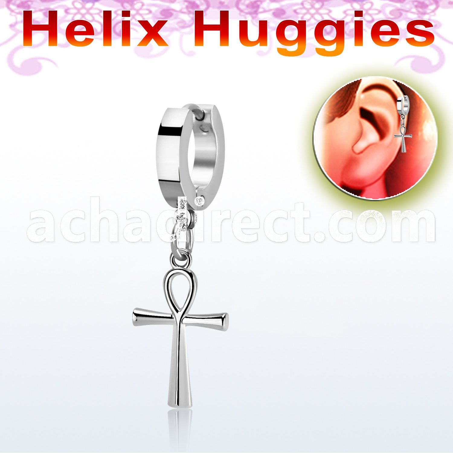 stainless steel huggie w a dangling ankh cross 