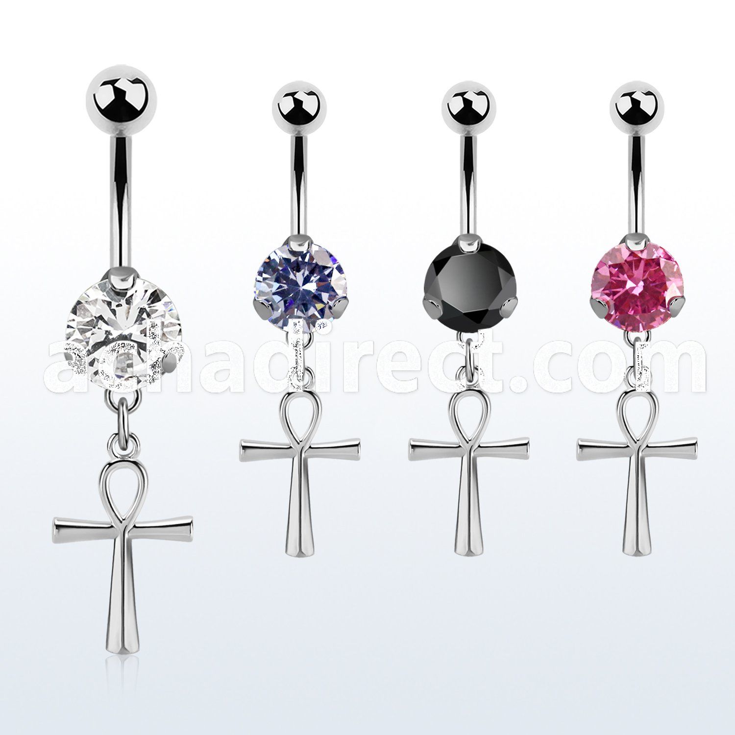 steel casting belly banana w cz & a dangling ankh cross 