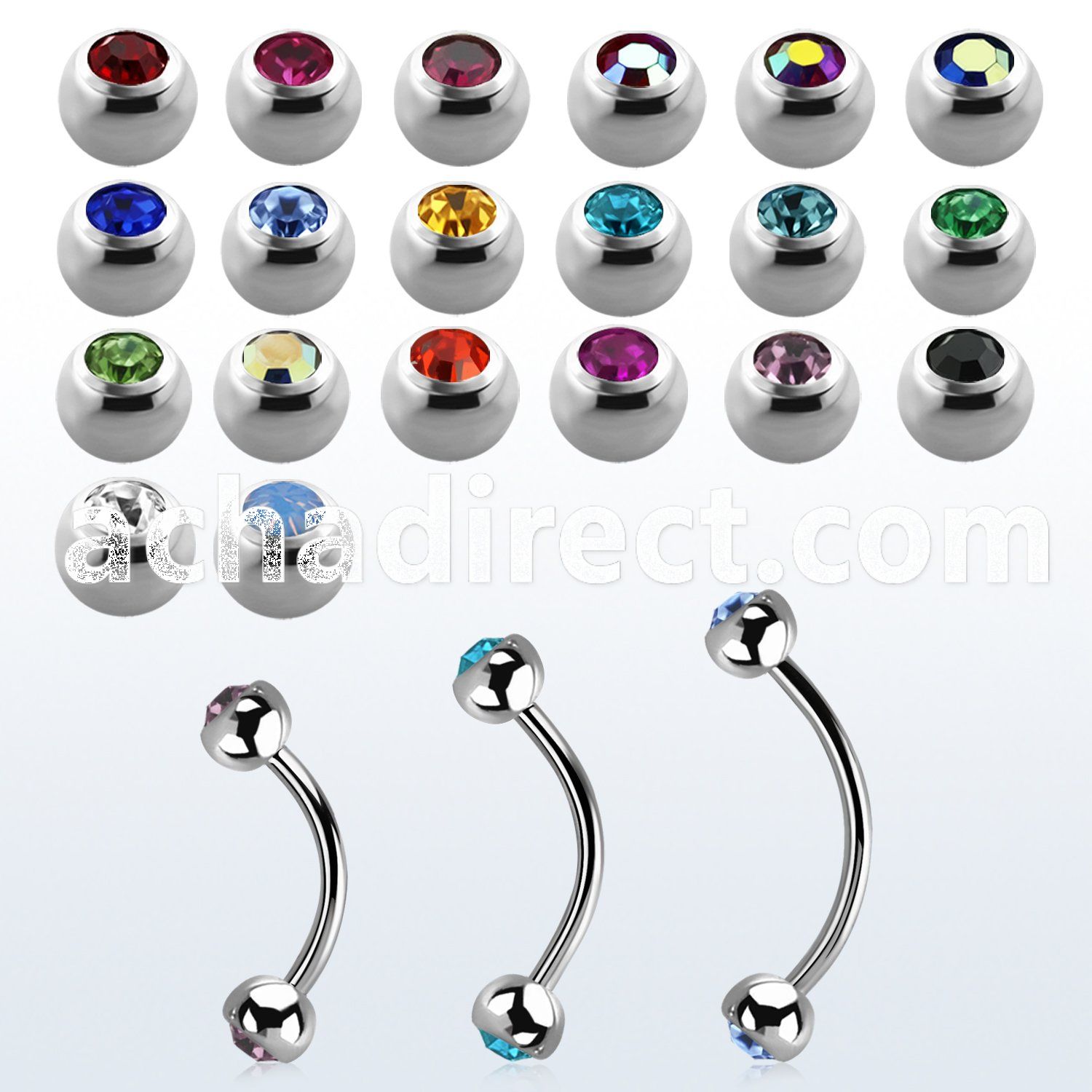 steel eyebrow banana 0.8mm w 3mm bezel set jewel balls