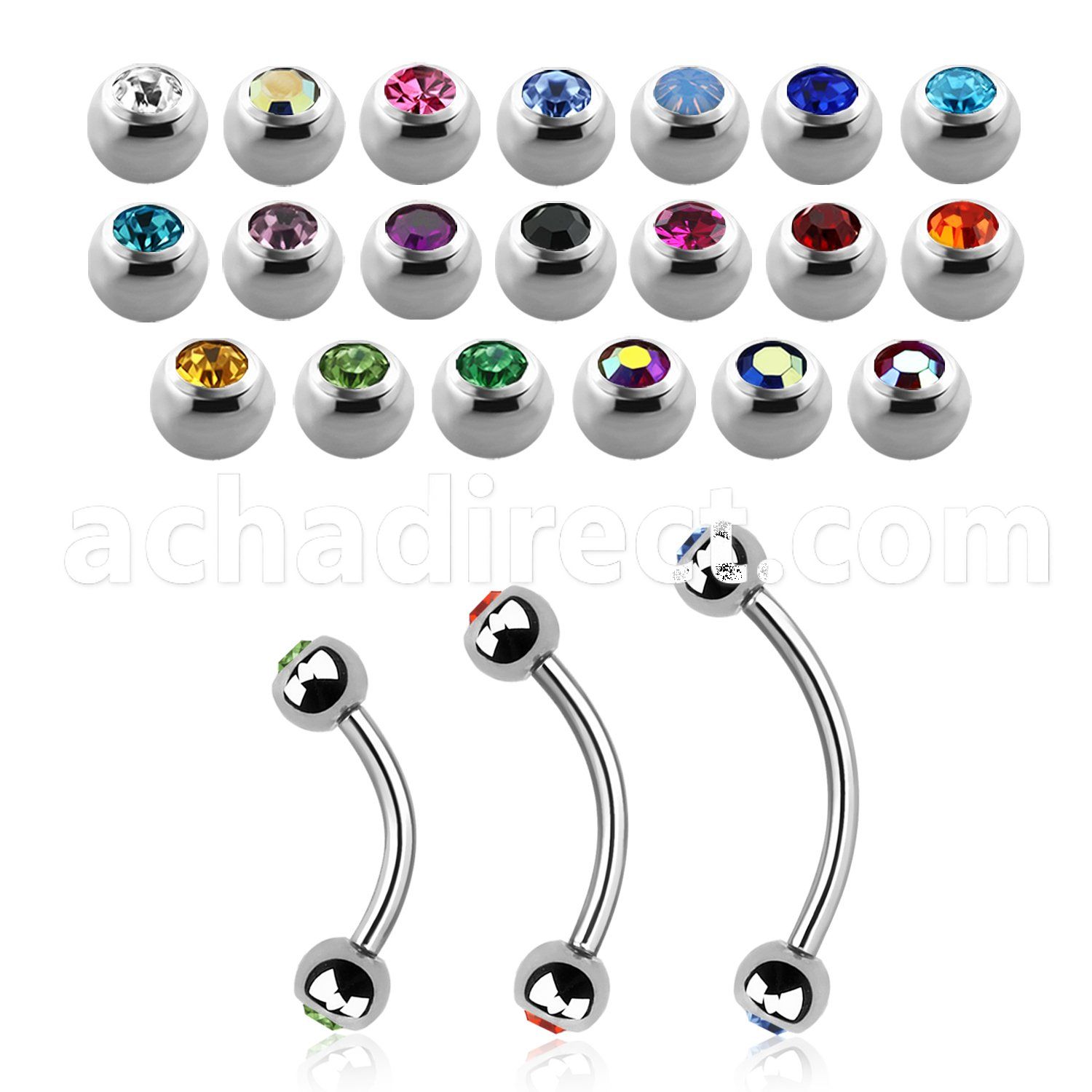 steel eyebrow banana 1mm w 3mm bezel set jewel balls