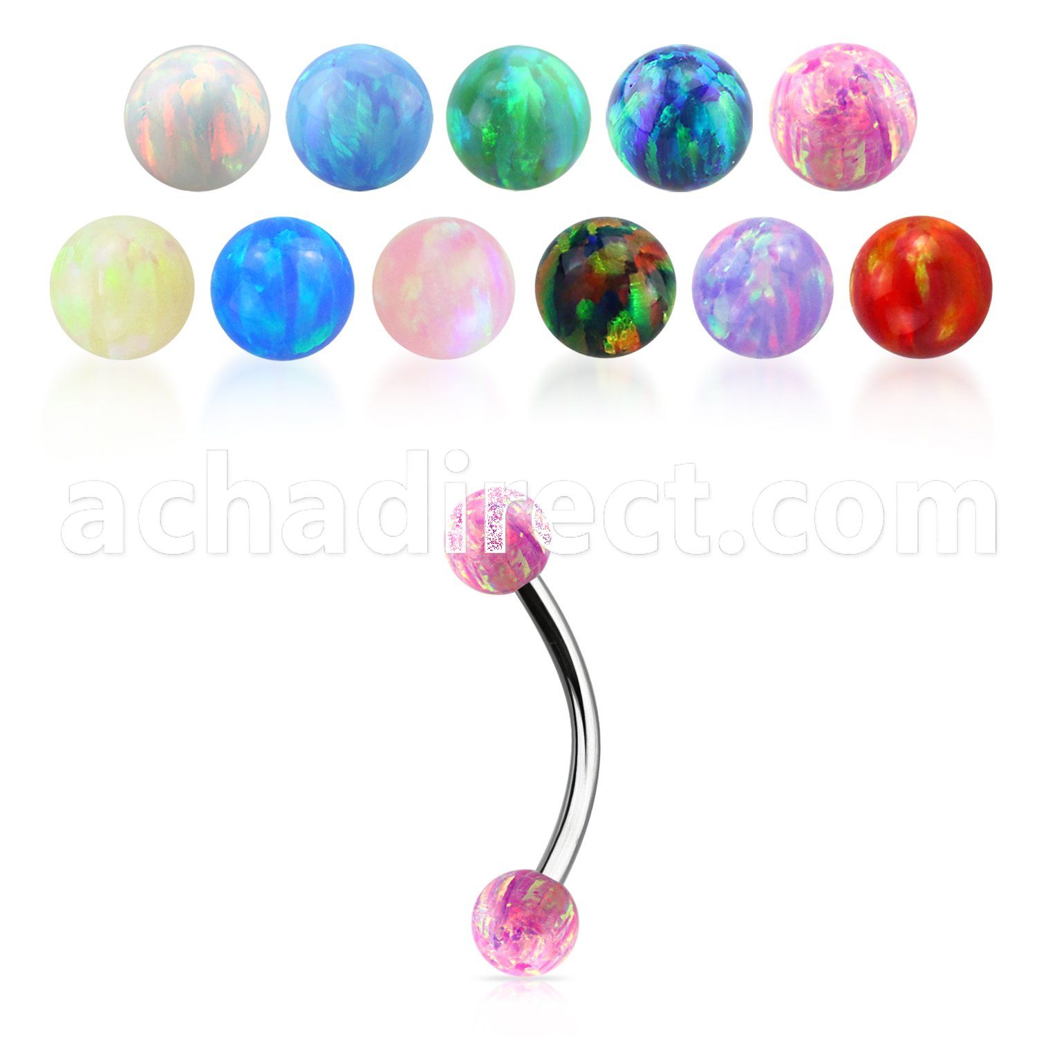 steel eyebrow banana 20g w two 3mm synthetic opal balls