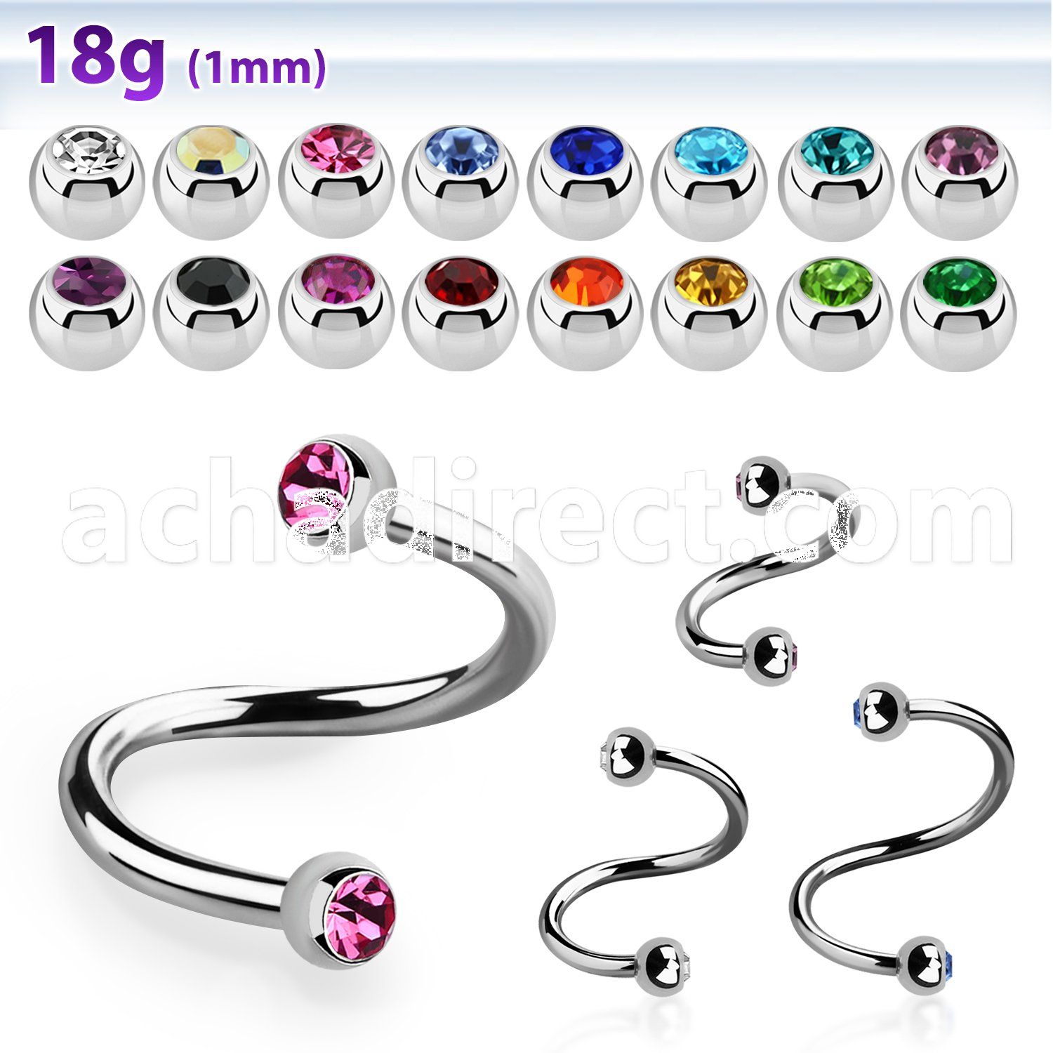 steel eyebrow spiral 1mm w 2.5mm bezel set jewel balls
