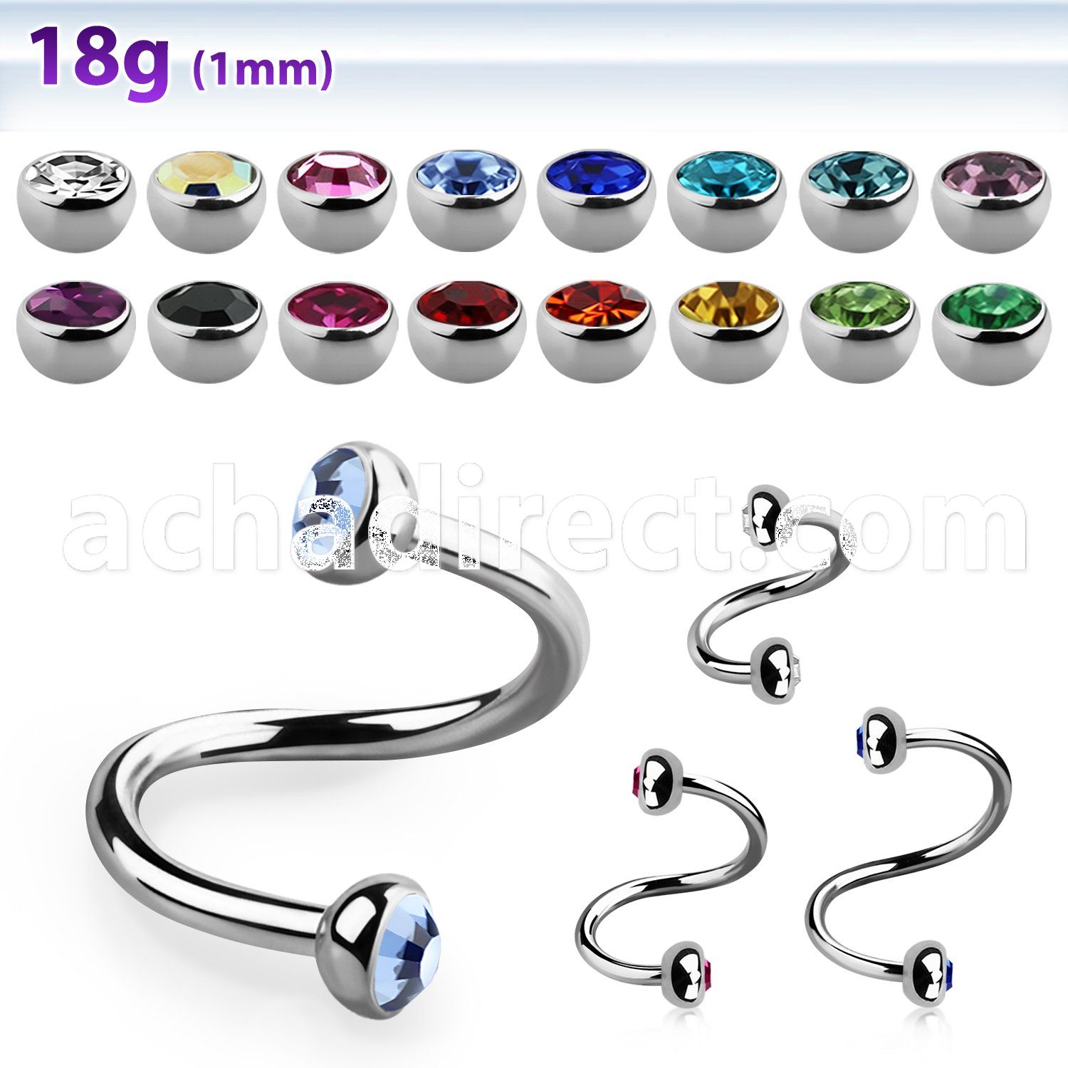 steel eyebrow spiral 1mm w 3mm bezel set half jewel balls