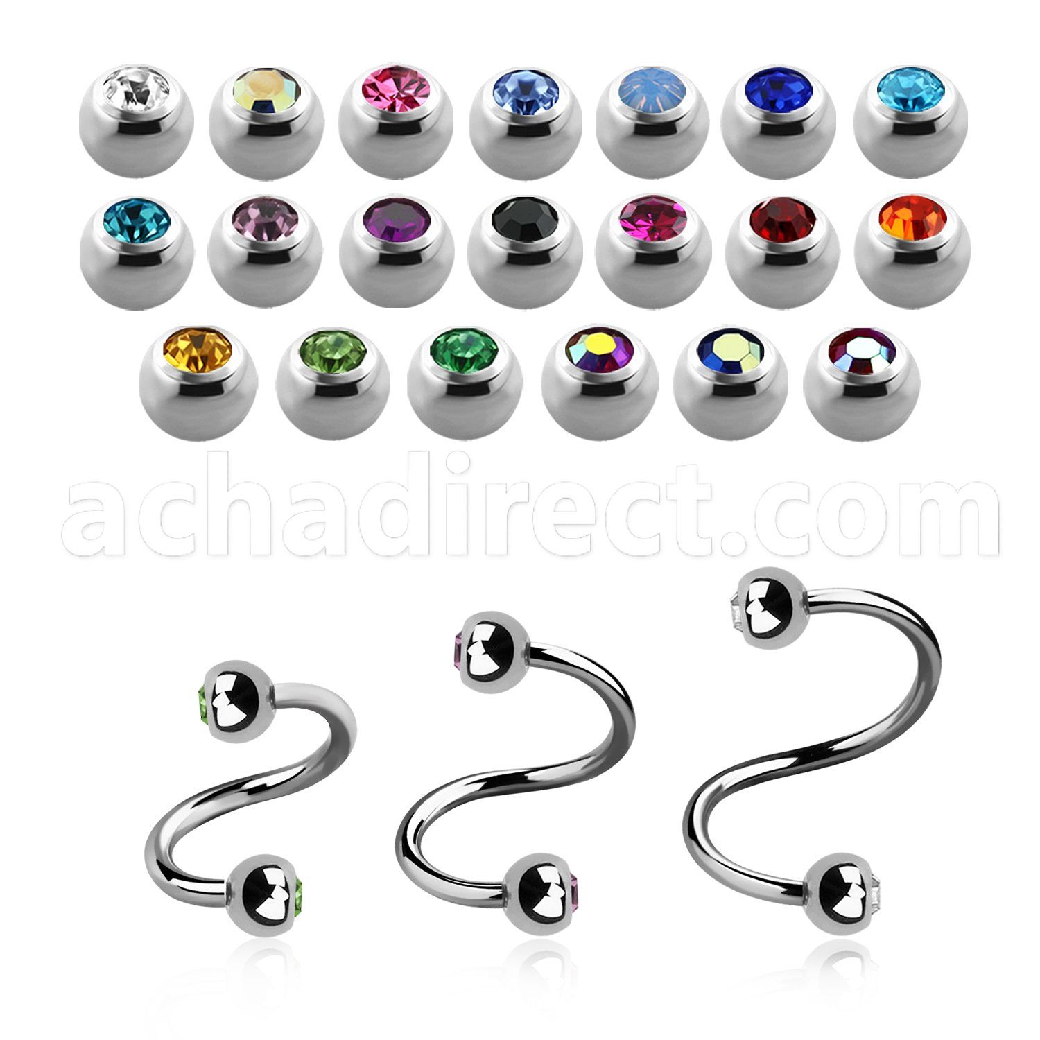 steel eyebrow spiral 1mm w 3mm bezel set jewel balls