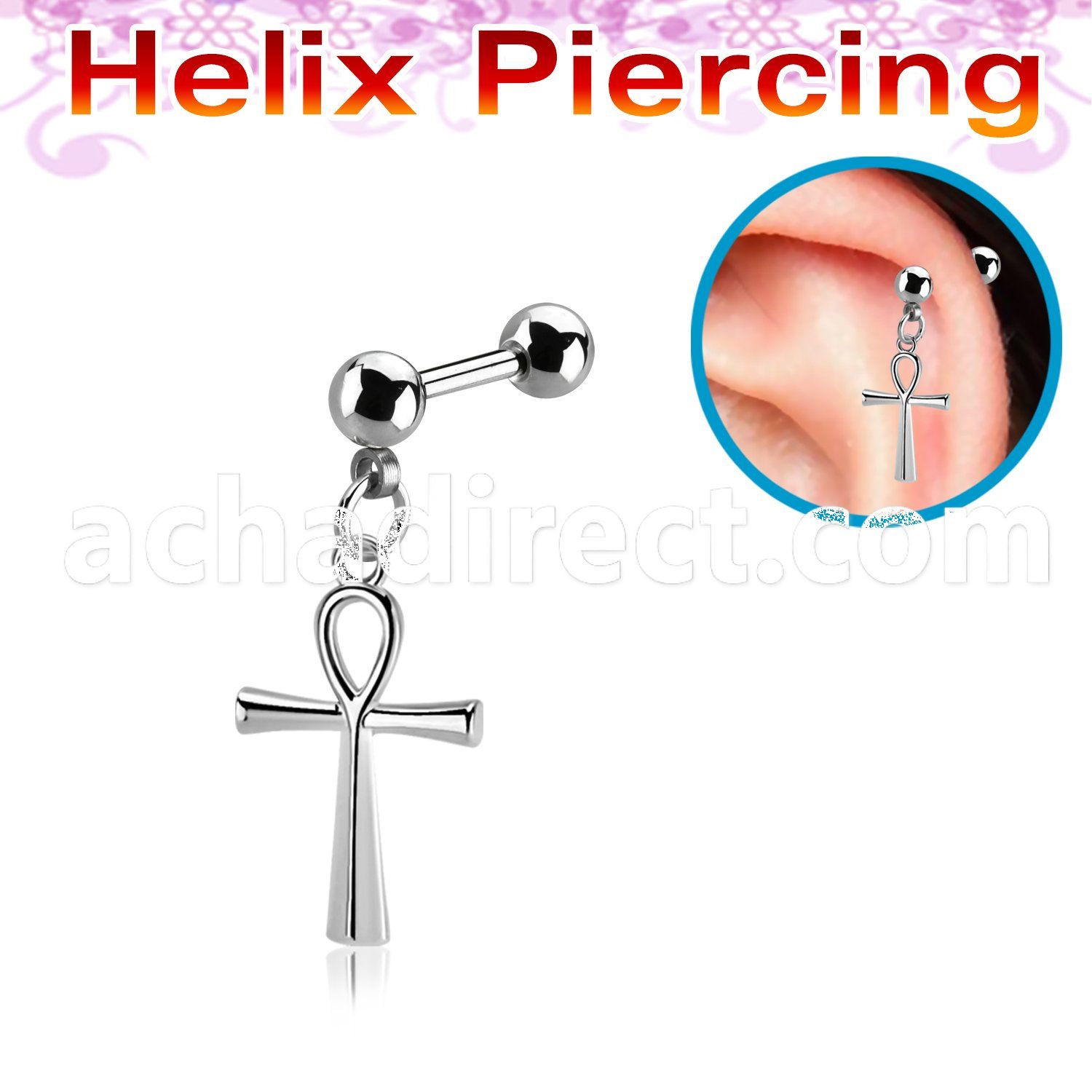 steel helix barbell 16g dangling cross 