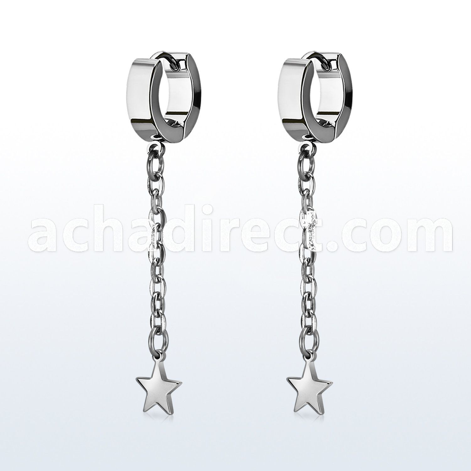 steel huggies earrings w a steel star on long chain 