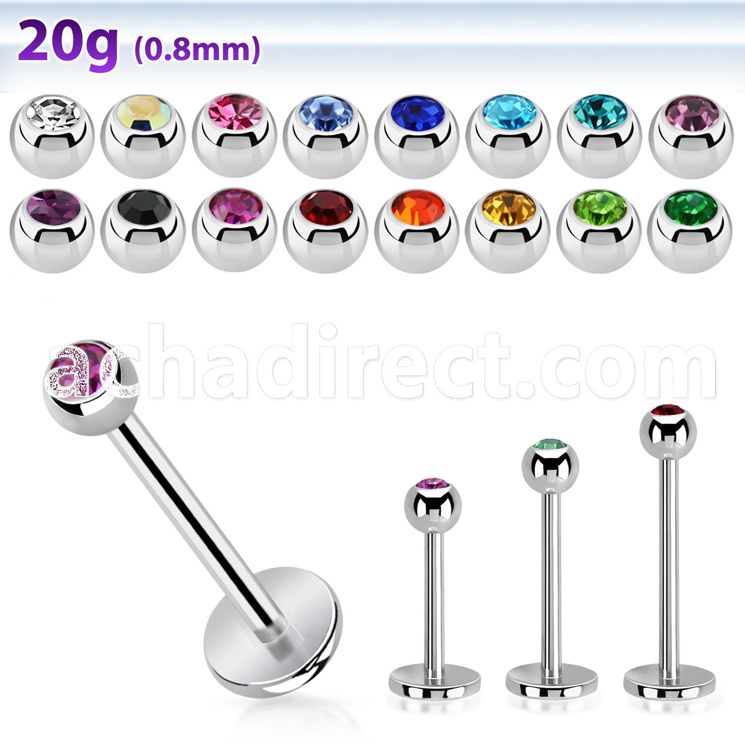 steel labret 0.8mm w tiny 2.5mm bezel set half jewel ball