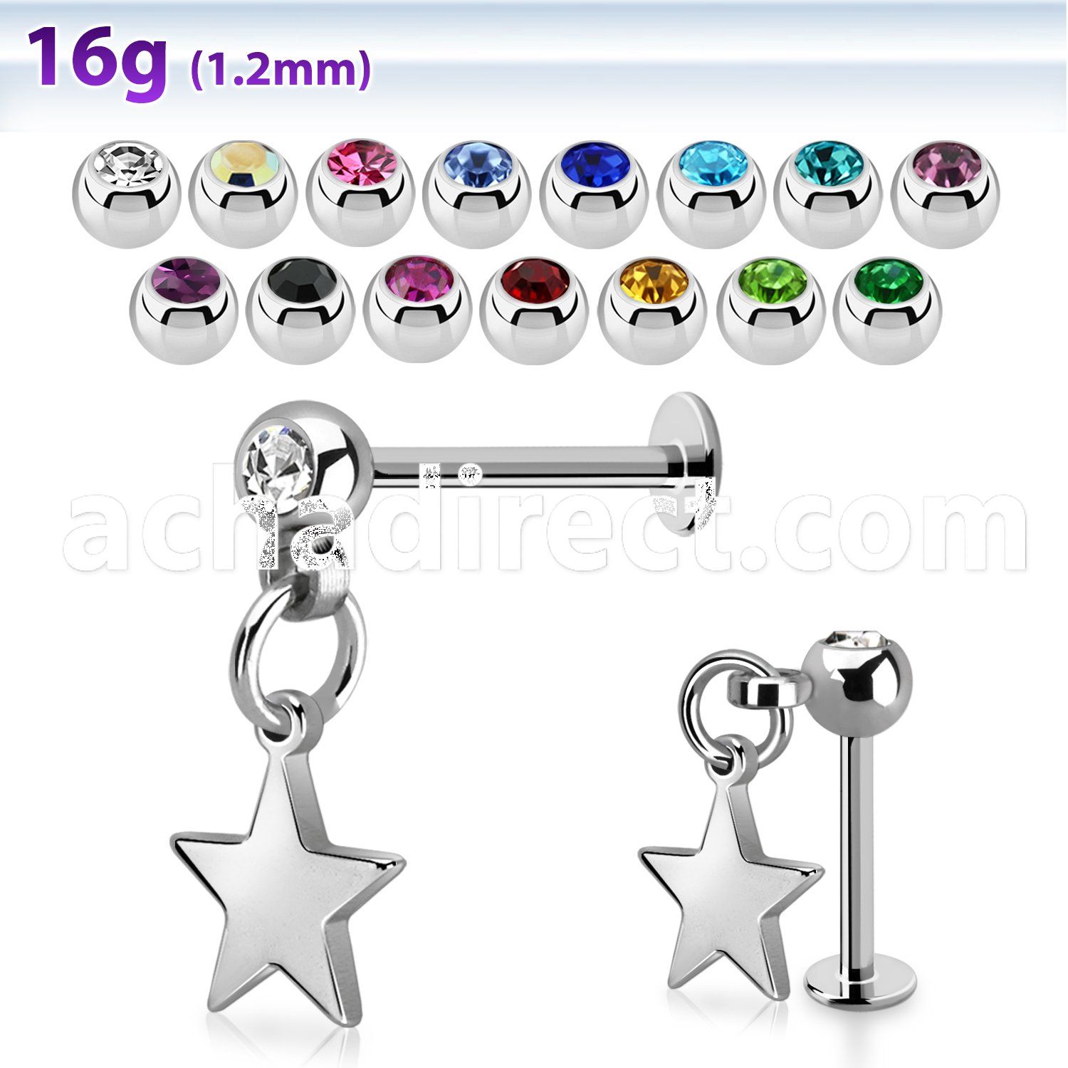 steel labret w a jewel ball & a dangling steel star