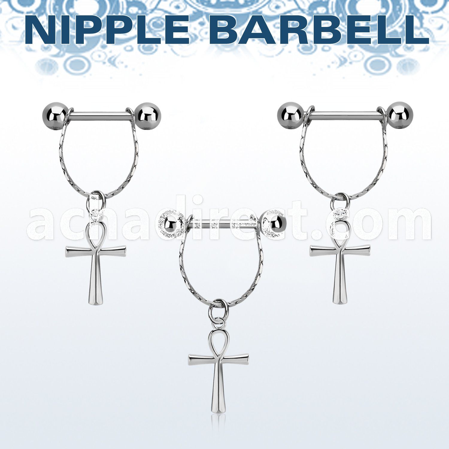steel nipple barbell w small chain & dangling ankh cross 