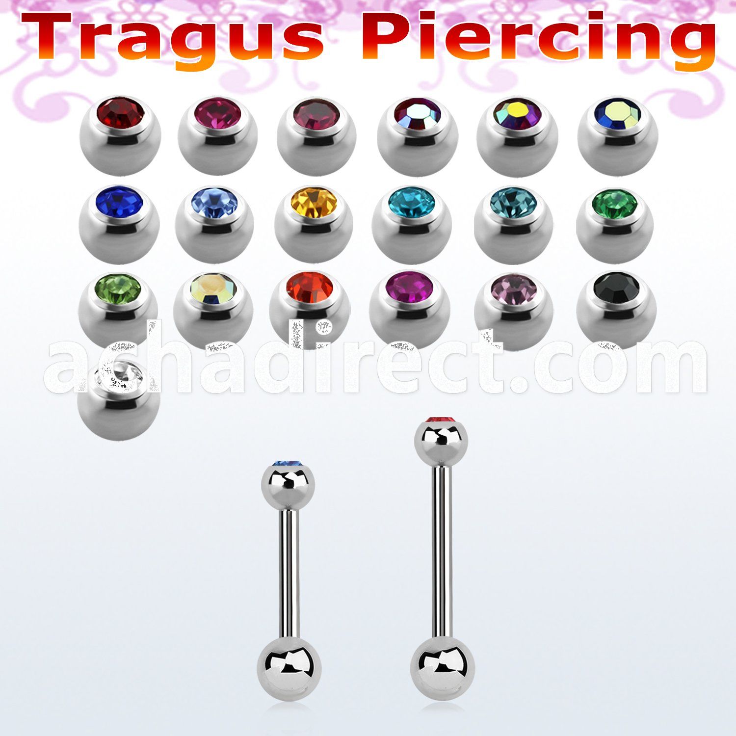 steel tragus barbell 1.2mm w 2.5mm bezel set jewel ball
