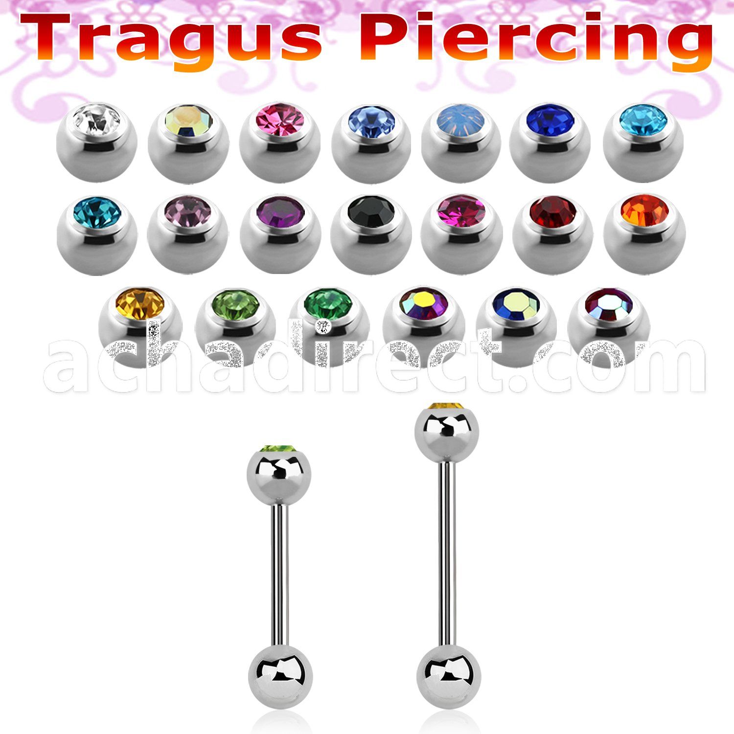 steel tragus barbell 1mm w a top 3mm bezel set jewel ball