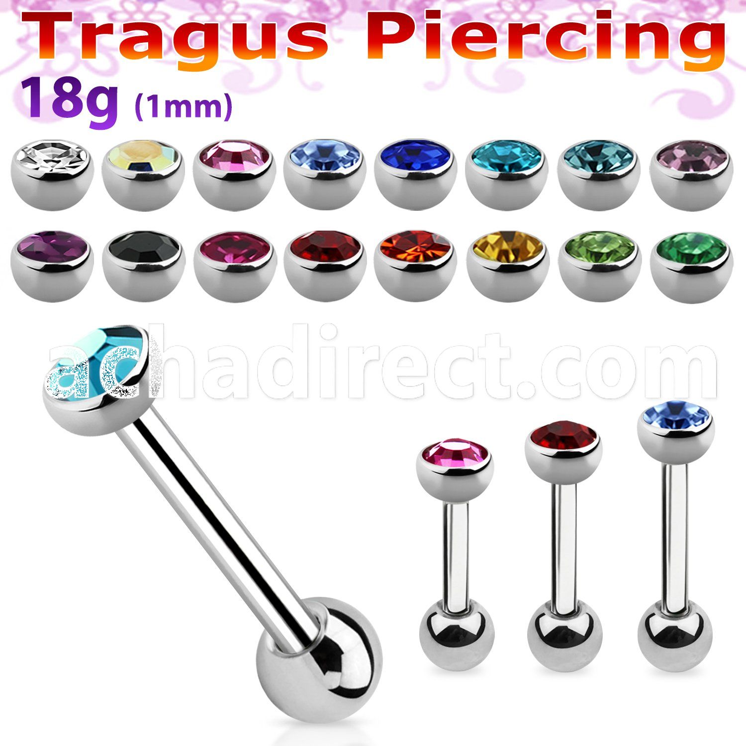 steel tragus barbell 1mm w top 3mm half jewel ball