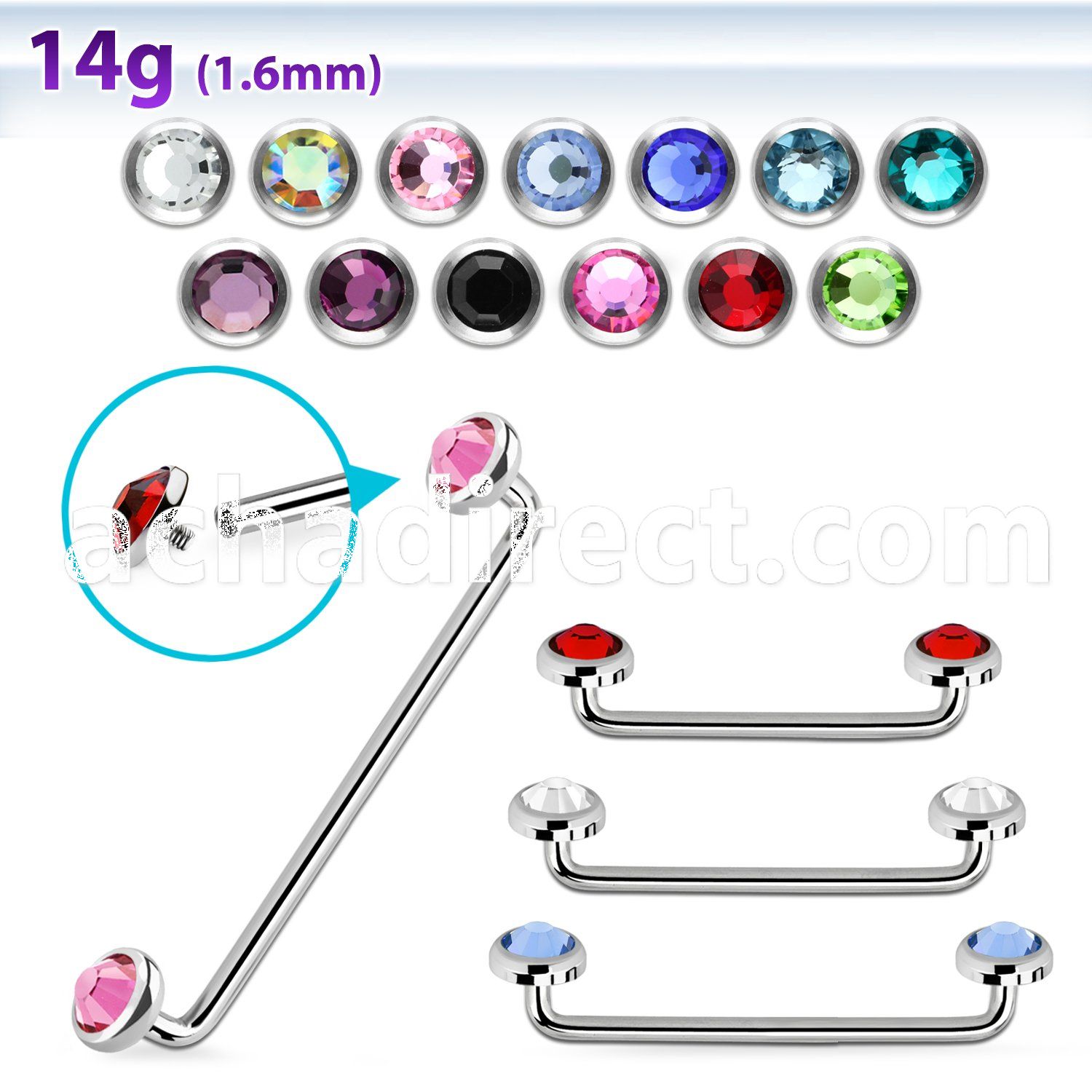sudijf5 internal steel surface barbell w 2 5mm flat crystal top